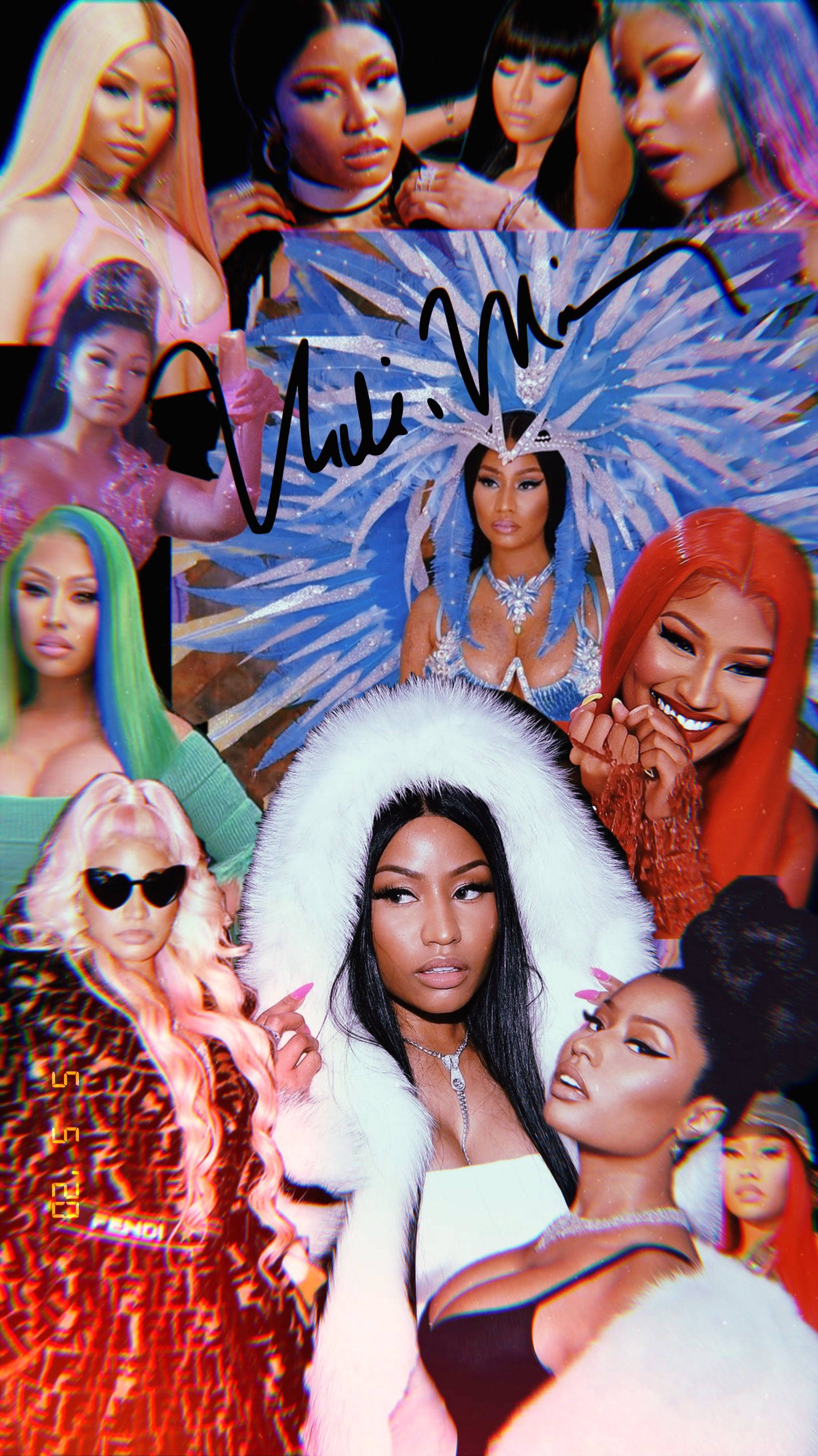 Nicki 桌布 壁紙 — 一張充滿活力的Nicki Minaj拼貼畫，展現多種華麗姿勢，色彩大膽，附有親筆簽名。