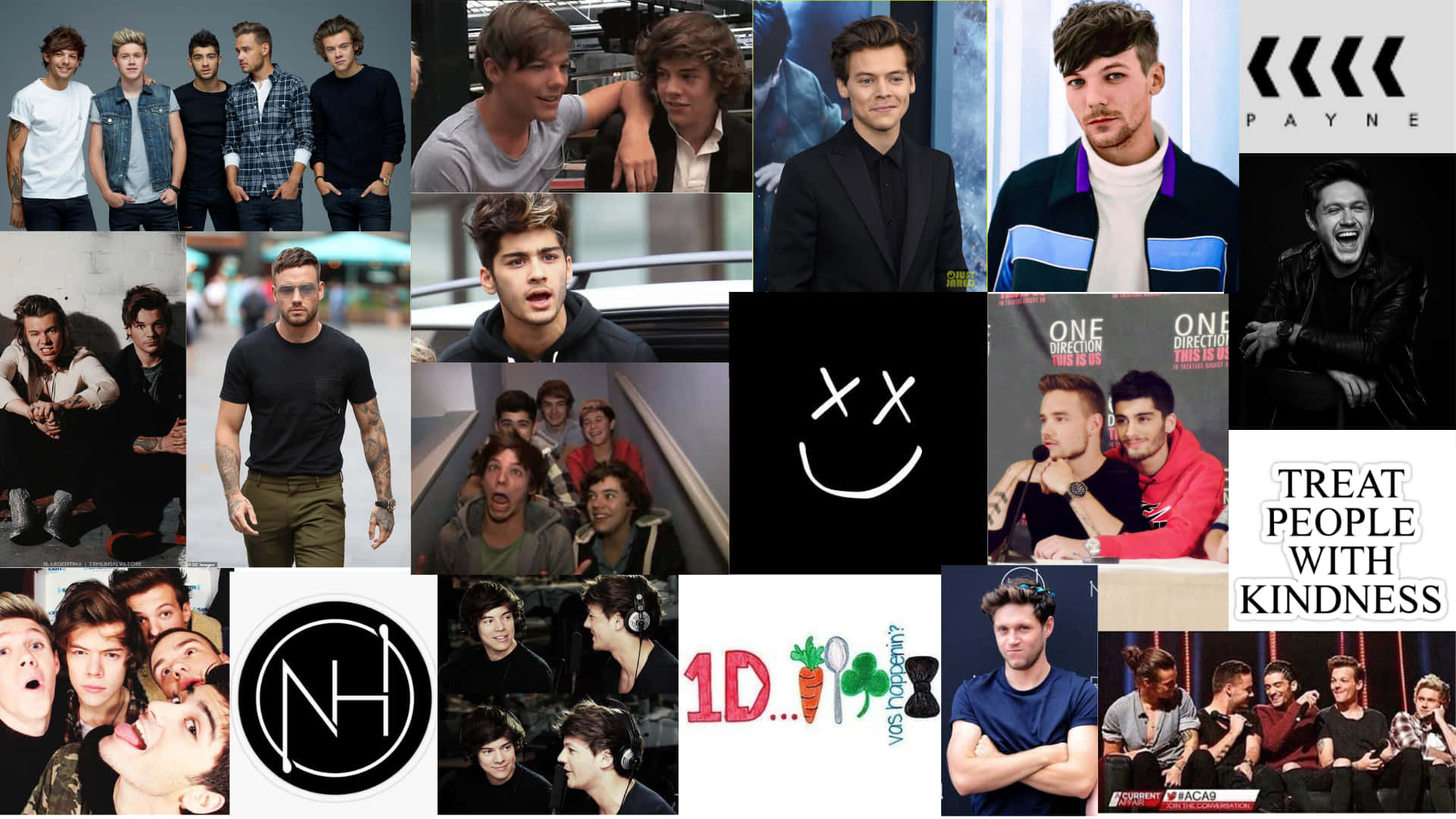 One Direction 桌布 壁紙 — 一張充滿活力的One Direction樂團成員拼貼畫，展示了他們在宣傳照片和專輯封面中的各種姿勢和服裝。