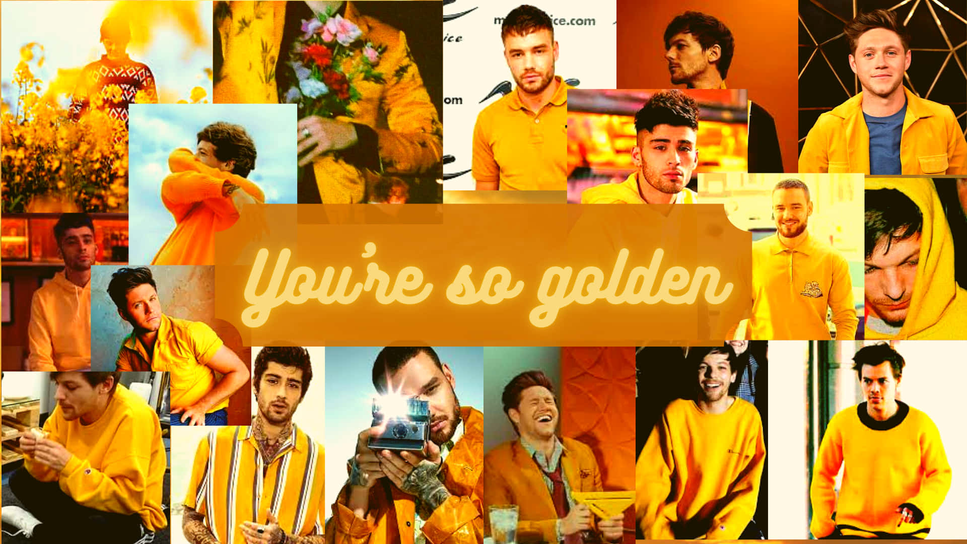 One Direction 桌布 壁紙 — 一張充滿活力的One Direction成員拼貼畫，身穿金黃色服裝，搭配溫暖燈光，中央有「You're so golden」文字。