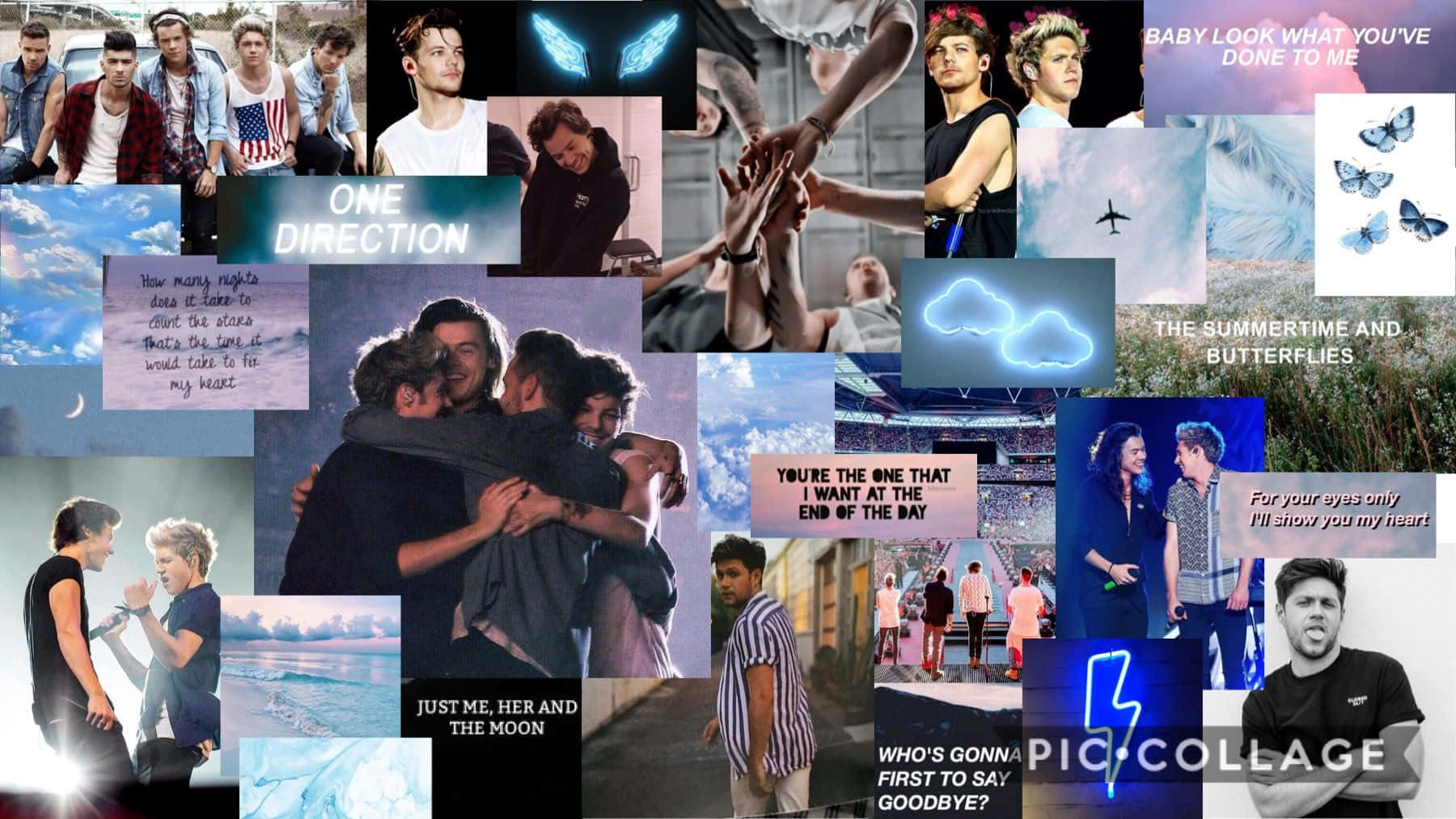 One Direction Laptop 桌布 壁紙 — 一張充滿活力的One Direction樂隊照片、語錄和粉絲藝術拼貼，呈現多種場景和氛圍。