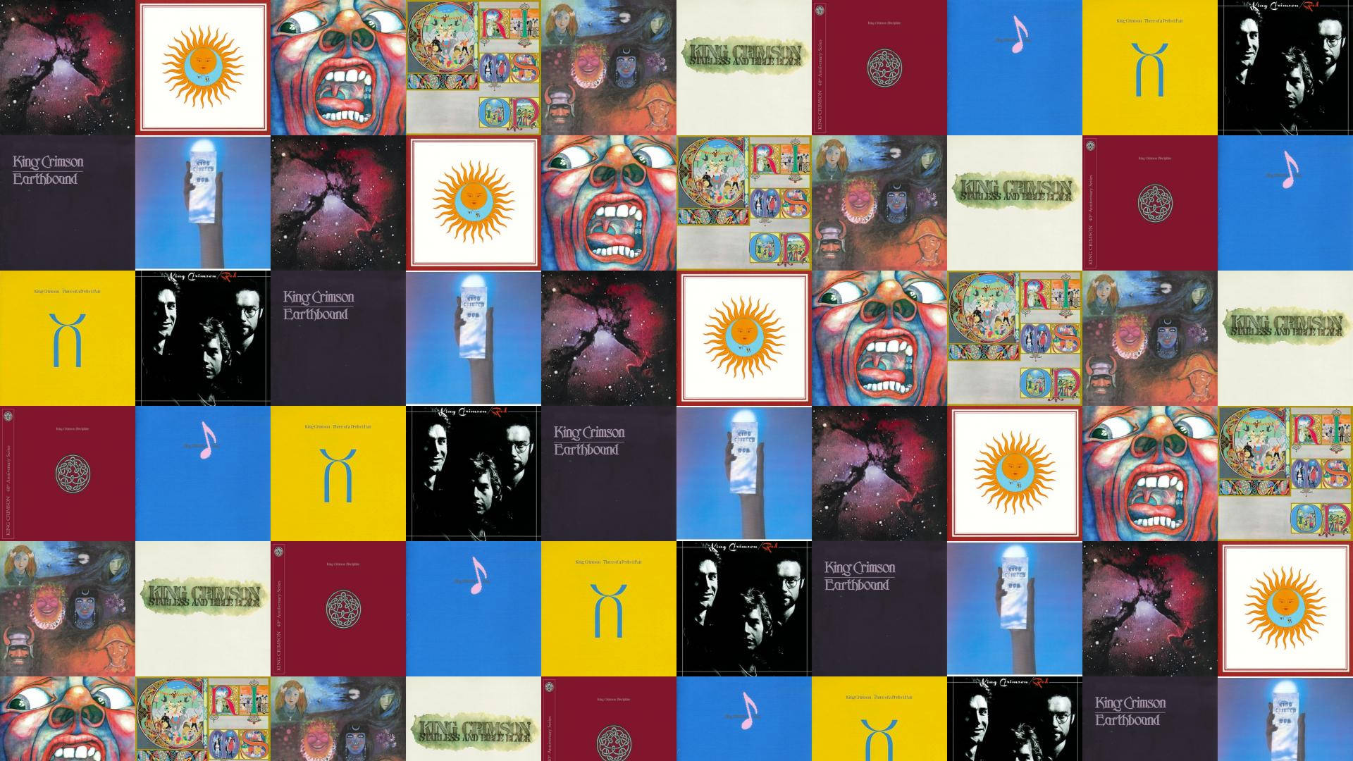 King Crimson 桌布 壁紙 — 一張充滿活力的Pink Floyd專輯封面拼貼畫，以網格排列展示迷幻藝術和標誌性圖像。