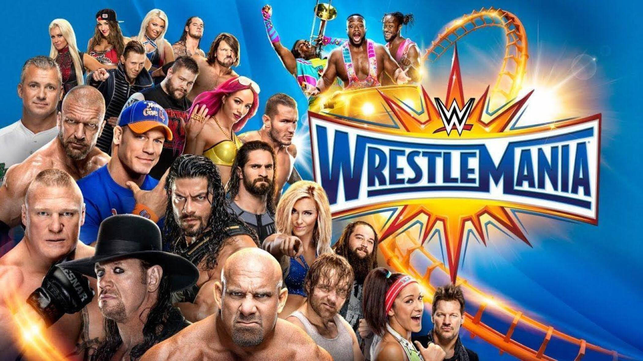 摔角 桌布 壁紙 — 一張充滿活力的WWE WrestleMania海報，以標誌性的摔角手在動態藍色和金色背景前英勇擺姿勢。