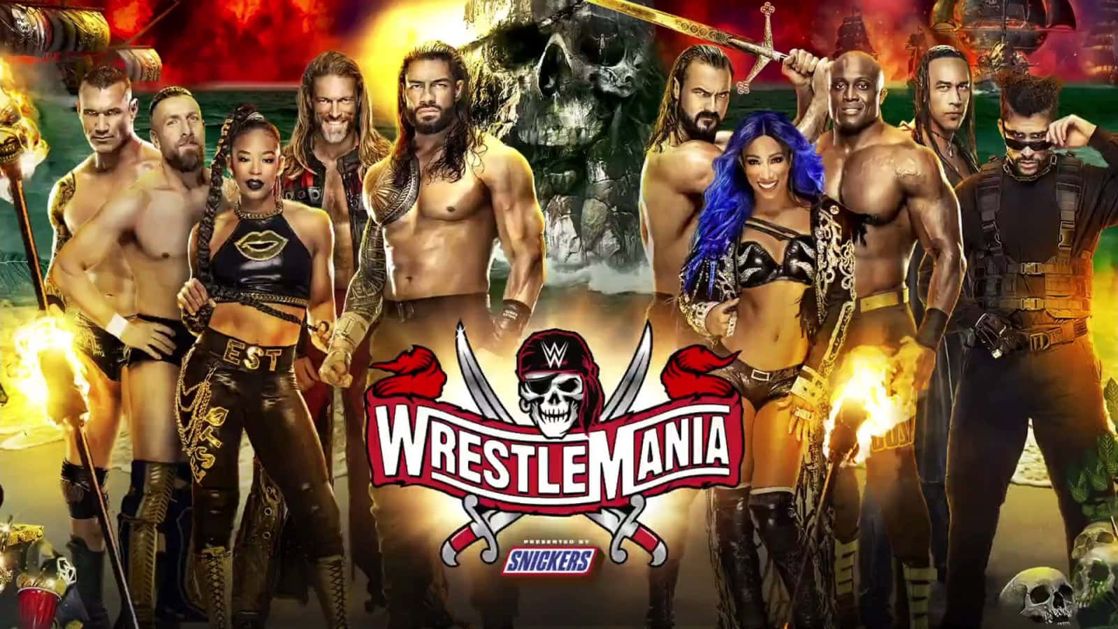 WWE 桌布 壁紙 — 一張充滿活力的WWE WrestleMania宣傳海報，展示肌肉發達的摔角手和女郎在火焰骷髏背景前擺出戲劇性姿勢。