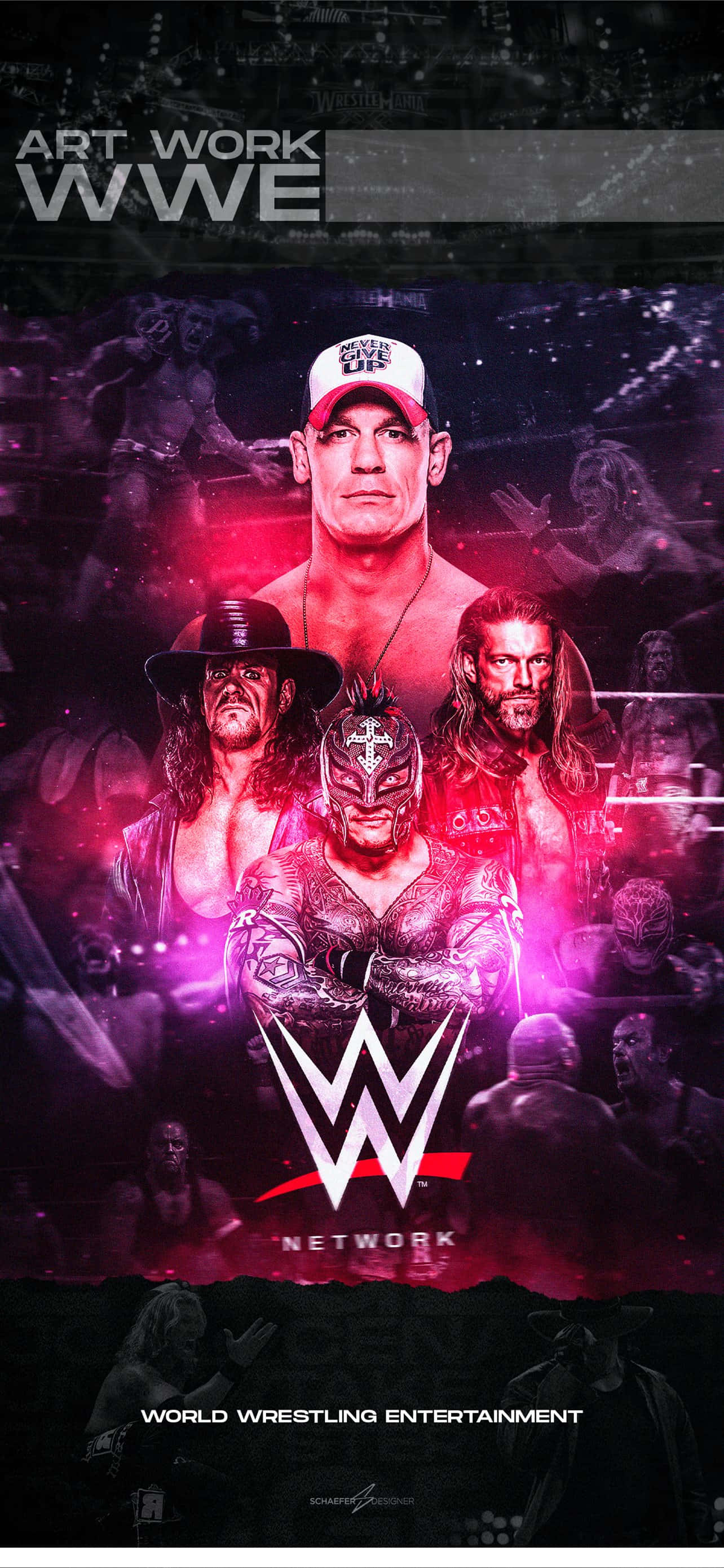 Cool WWE 桌布 壁紙 — 一張充滿活力的WWE宣傳桌布，以約翰·希南和其他摔角手為特色，採用紫色和粉紅色霓虹燈的動態拼貼。
