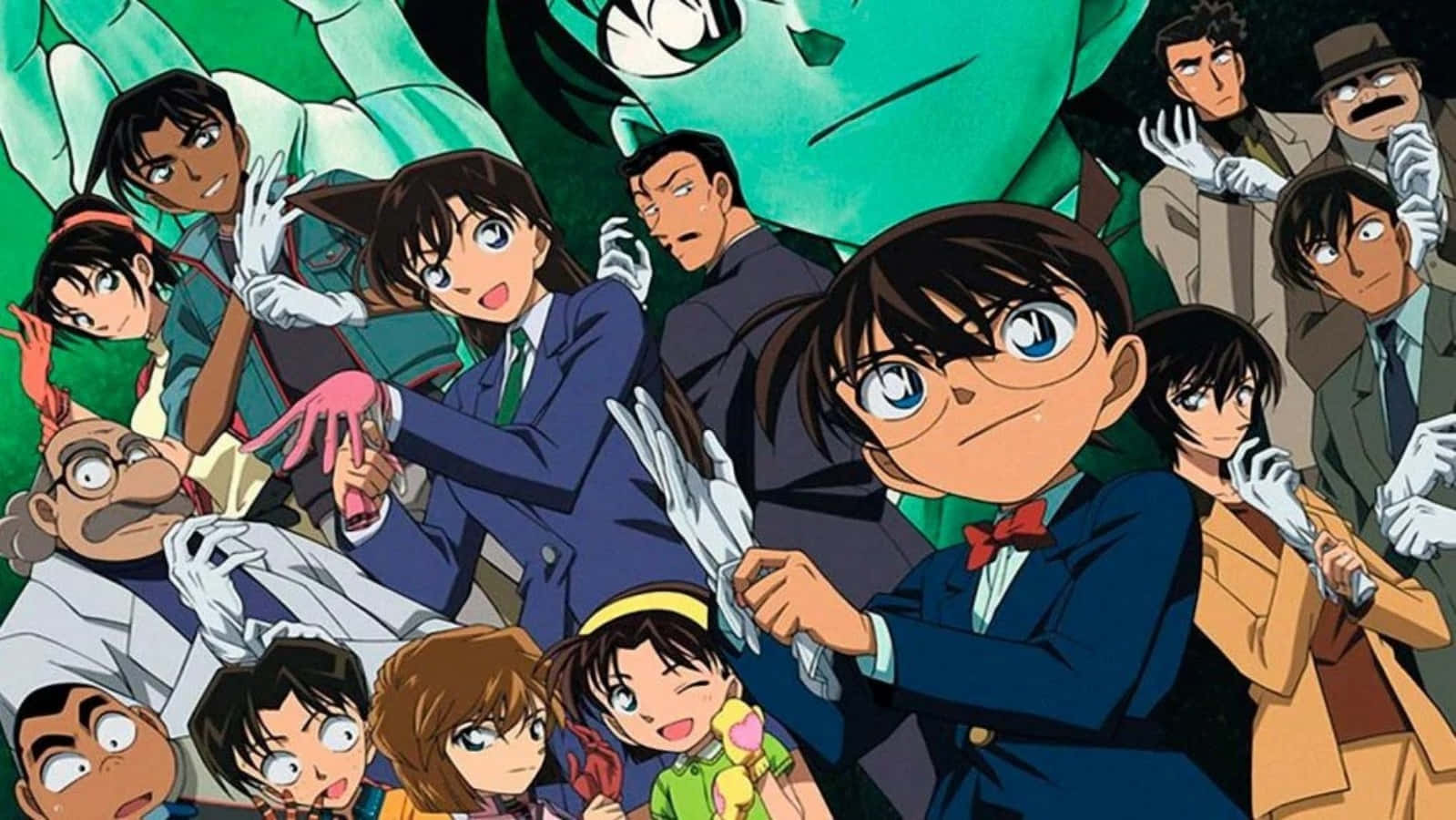 Detective Conan 桌布 壁紙 — 一張充滿活力的動漫團體照， featuring 名偵探柯南和他的朋友們在綠色背景前擺出動態姿勢。
