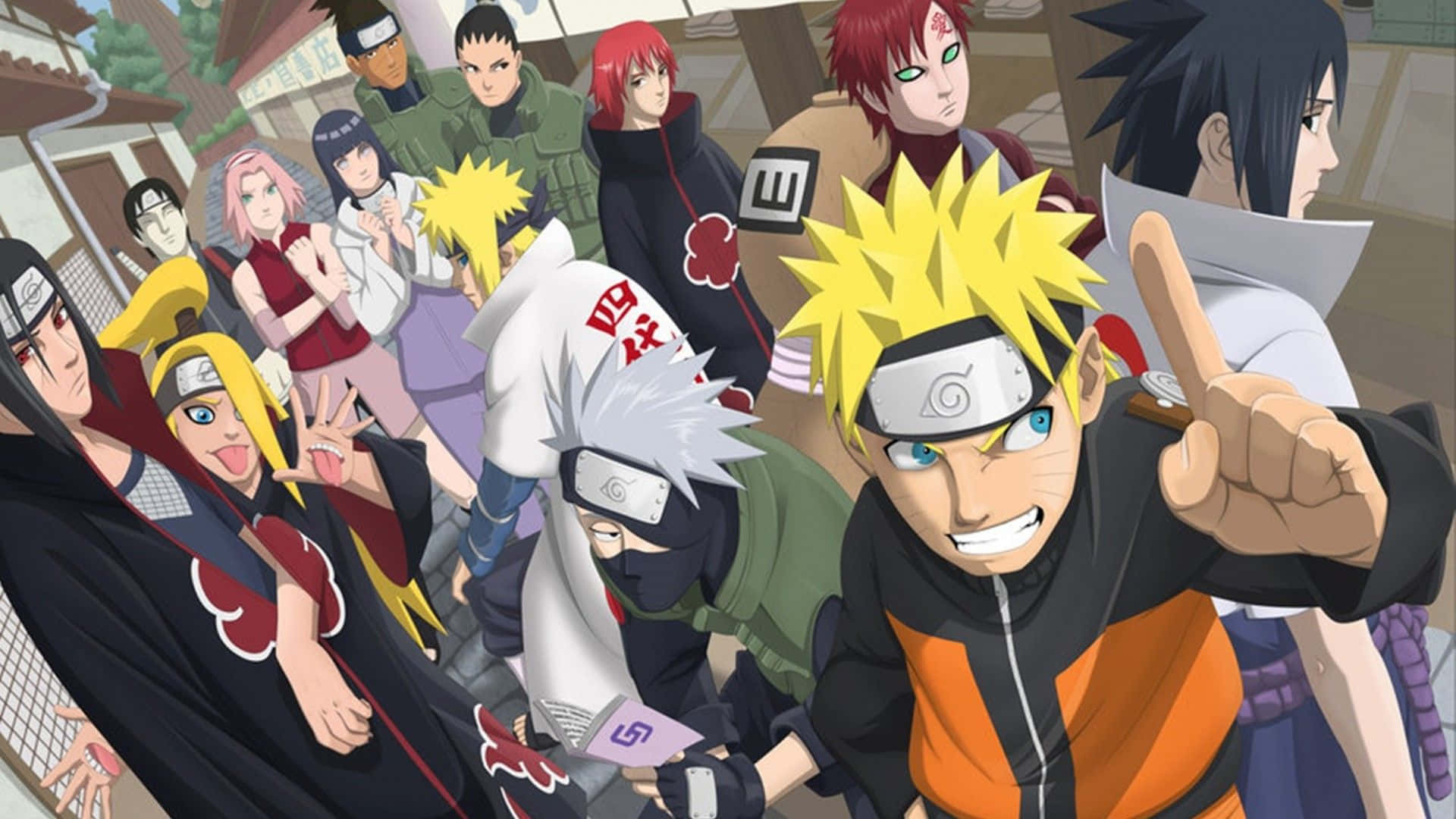 Naruto's Friend 桌布 壁紙 — 一張充滿活力的動漫團體照， featuring 鳴人和他的朋友們以動態姿勢、色彩繽紛的服裝和富有表現力的臉龐。