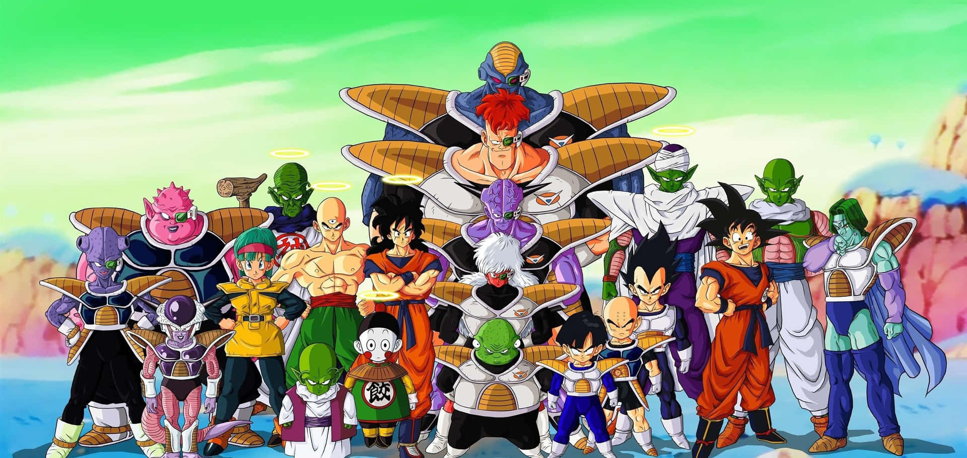 Dragon Ball Characters 桌布 壁紙 — 一張充滿活力的動漫團體照，七龍珠角色在超現實的綠色天空下英勇地擺姿勢。