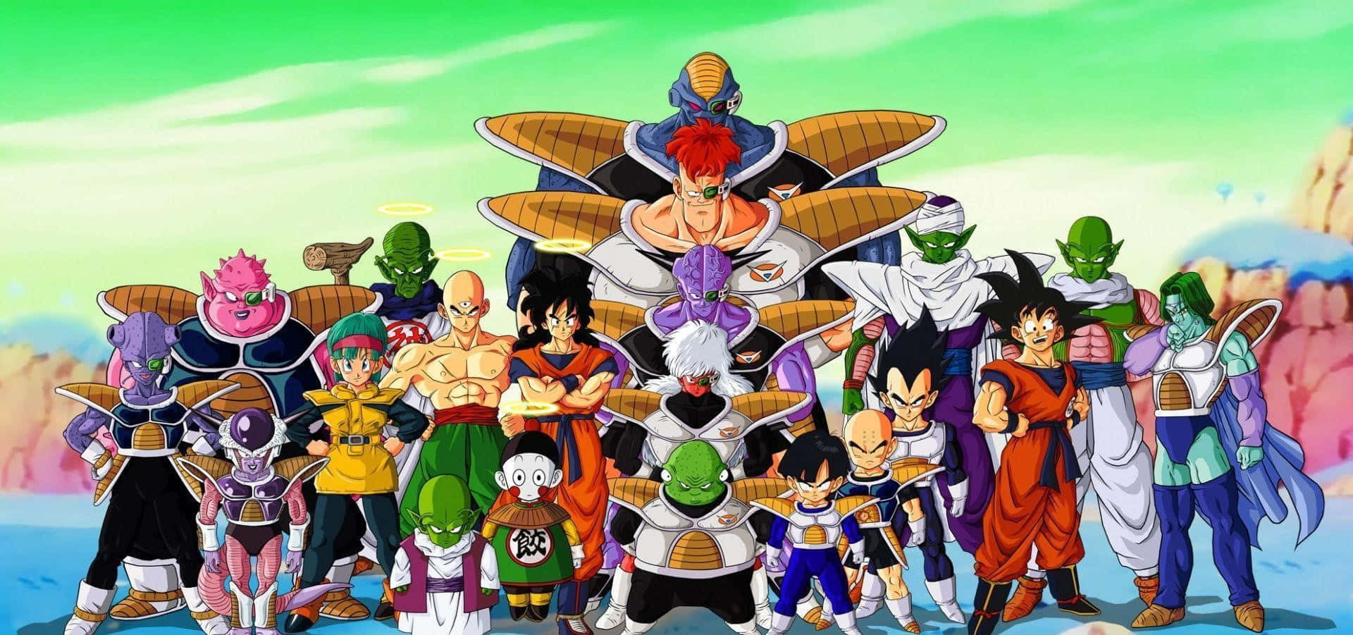 Dragon Ball Z Kai 桌布 壁紙 — 一張充滿活力的動漫團體照，七龍珠角色在明亮的綠色天空下英勇地擺出姿勢。