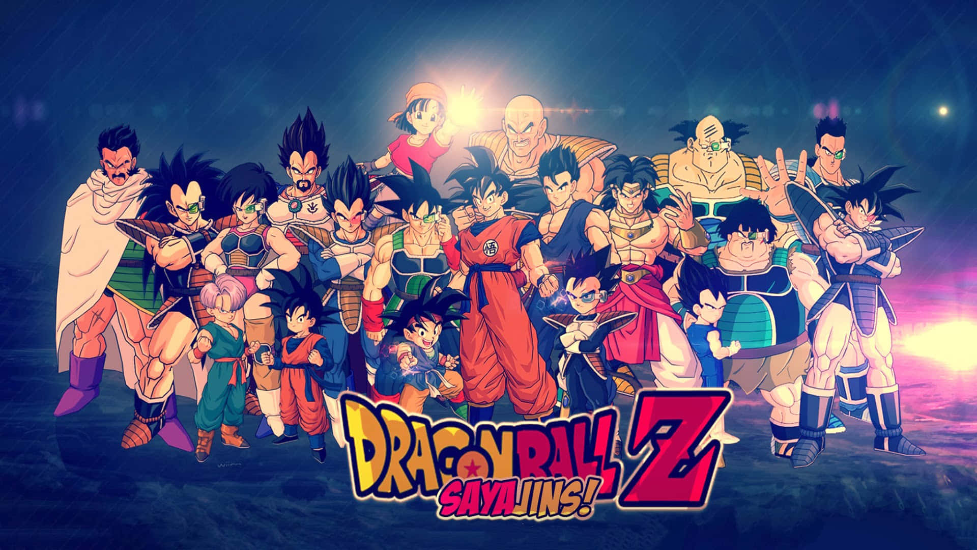 Dragon Ball Z Characters 桌布 壁紙 — 一張充滿活力的動漫團體照，七龍珠Z的賽亞人在宇宙背景下以英雄姿態擺出姿勢，帶有發光能量效果。