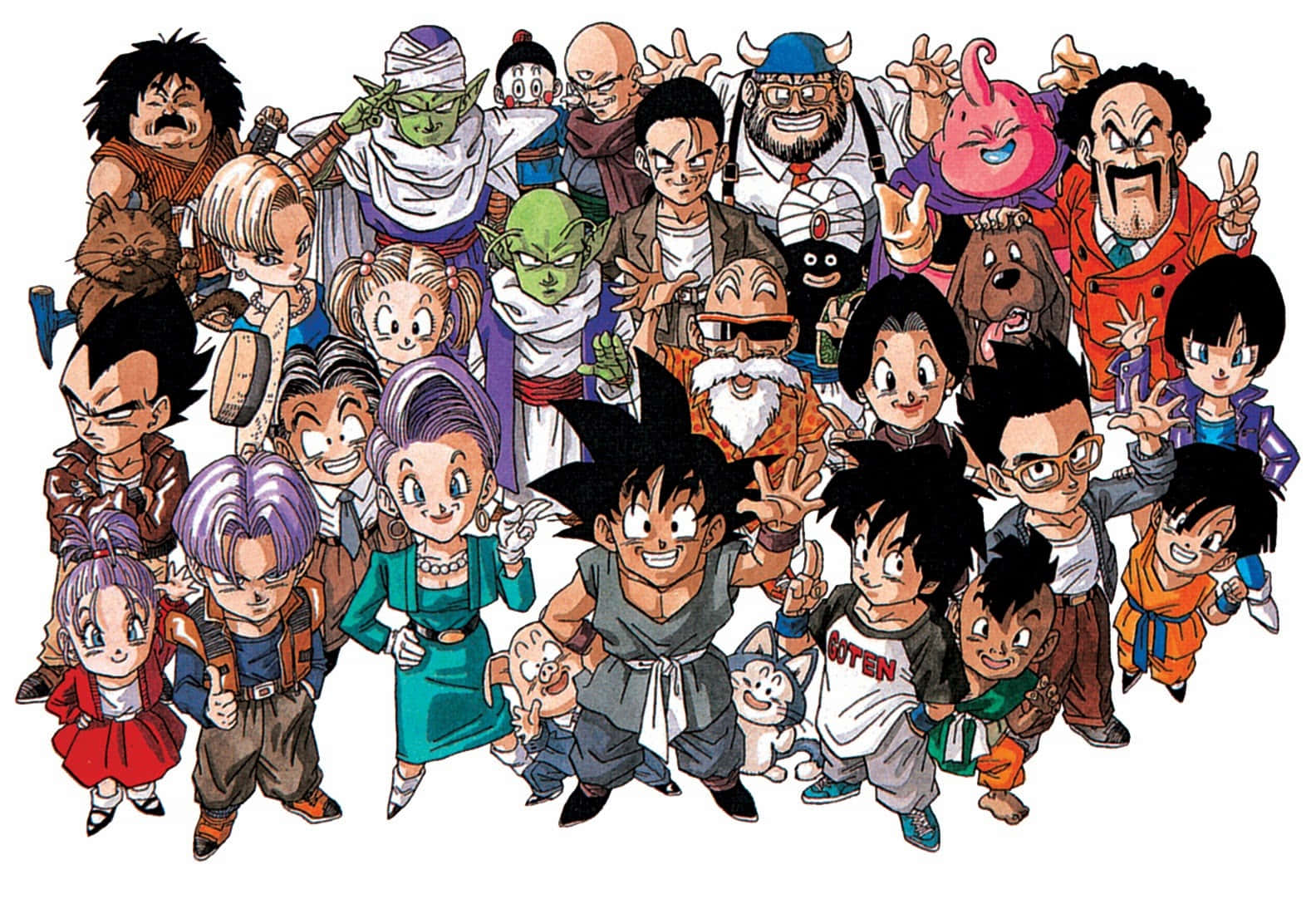 Dragon Ball Characters 桌布 壁紙 — 一張充滿活力的動漫團體照，七龍珠角色以色彩繽紛、富有表現力的姿勢在純白背景前展示。