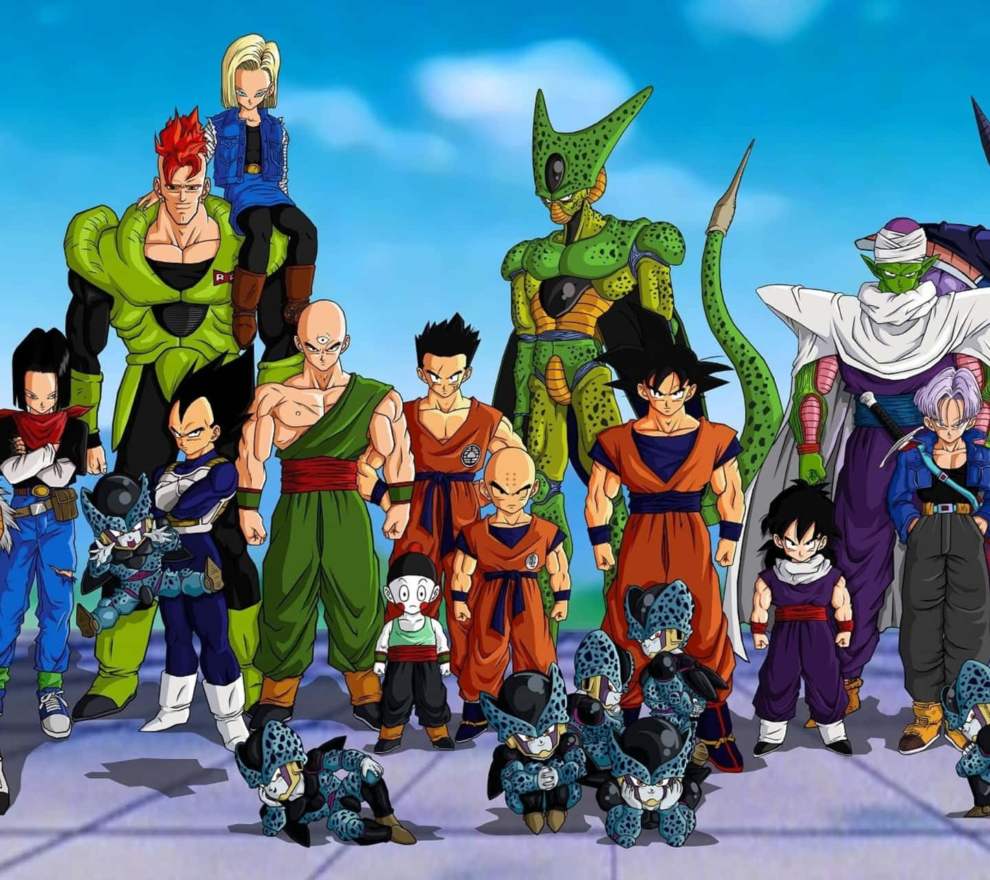 Dragon Ball Z Characters 桌布 壁紙 — 一張充滿活力的動漫團體照，七龍珠角色們站在明亮的藍天下。
