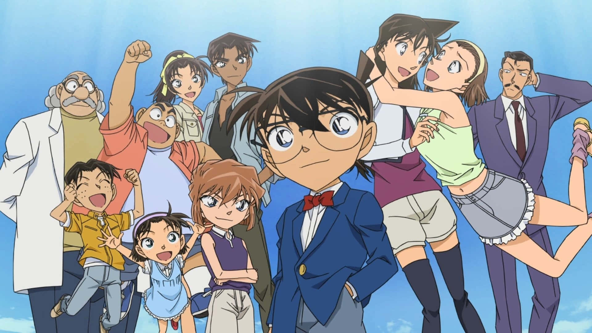 Detective Conan 桌布 壁紙 — 一張充滿活力的動漫團體照，名偵探柯南和他的朋友們在明亮的藍天下充滿活力地擺姿勢。