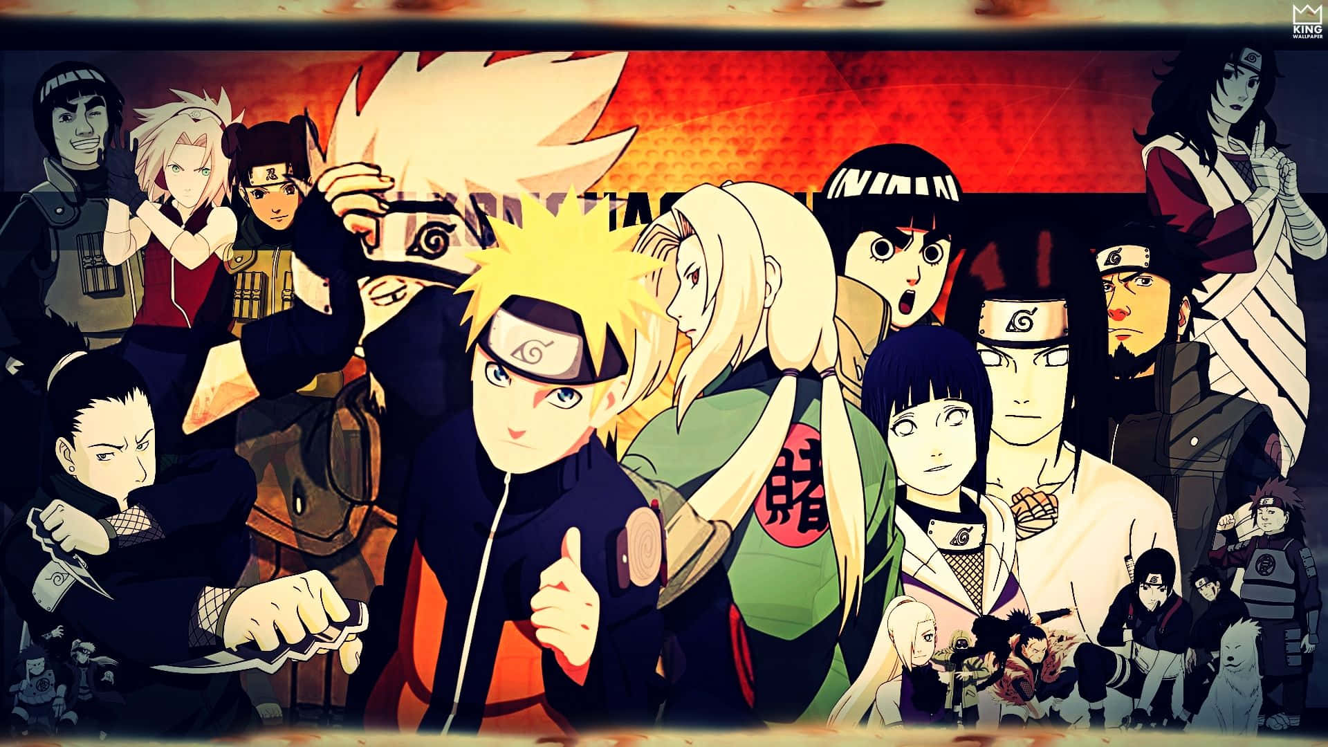 Konoha 桌布 壁紙 — 一張充滿活力的動漫團體照，描繪鳴人與他的忍者朋友們在火紅背景前擺出動態姿勢。