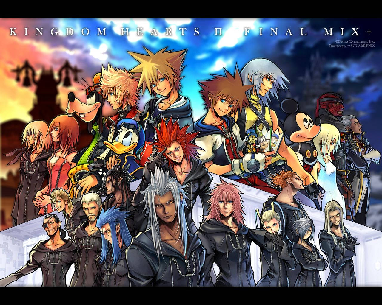 Kingdom Hearts 桌布 壁紙 — 一張充滿活力的動漫壁紙， featuring Kingdom Hearts II Final Mix 角色以動態姿勢襯托戲劇性的日落天空。