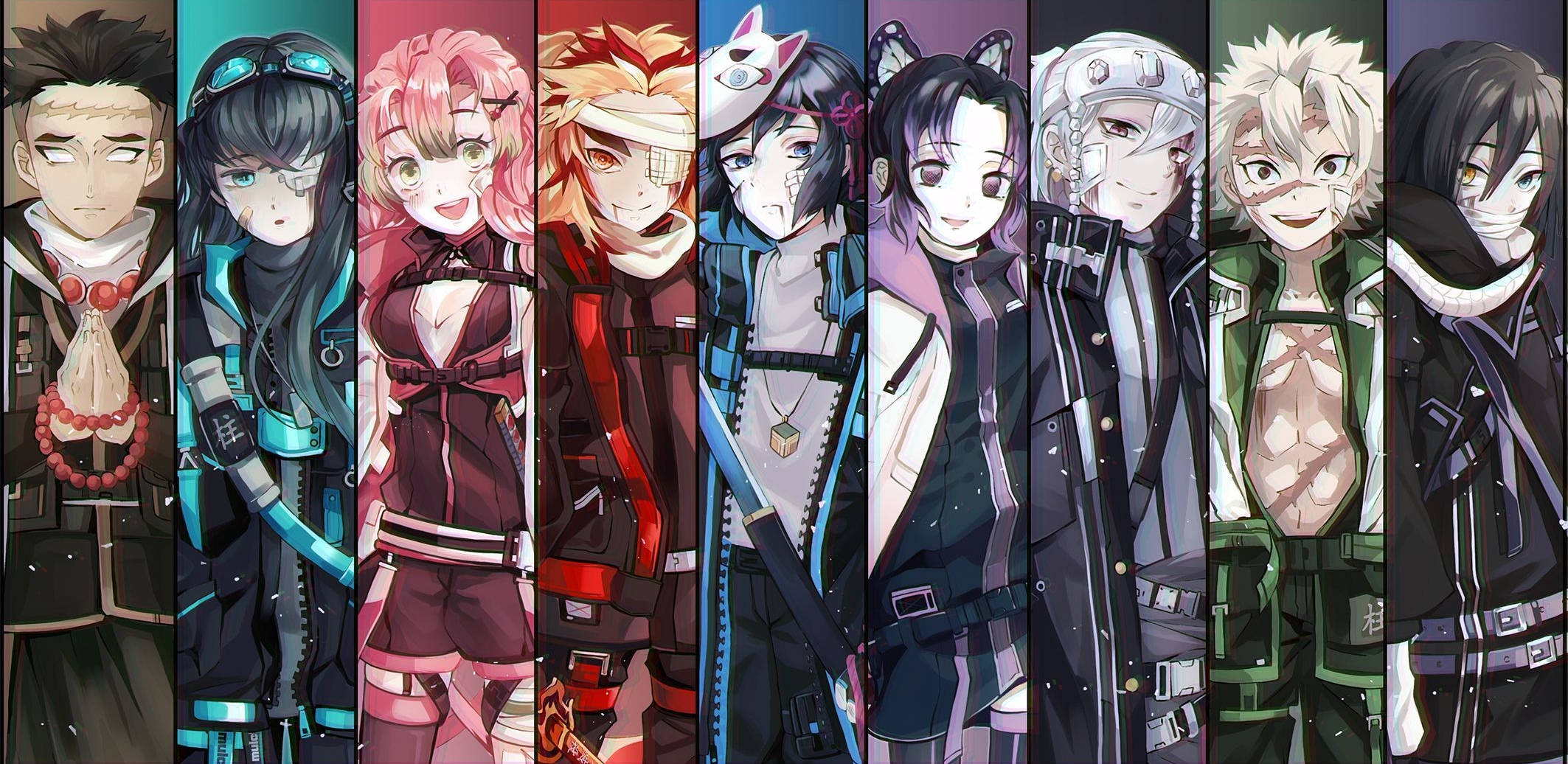 Kimetsu 桌布 壁紙 — 一張充滿活力的動漫壁紙，九個不同的角色穿著色彩繽紛、細節豐富的服裝並排站立。