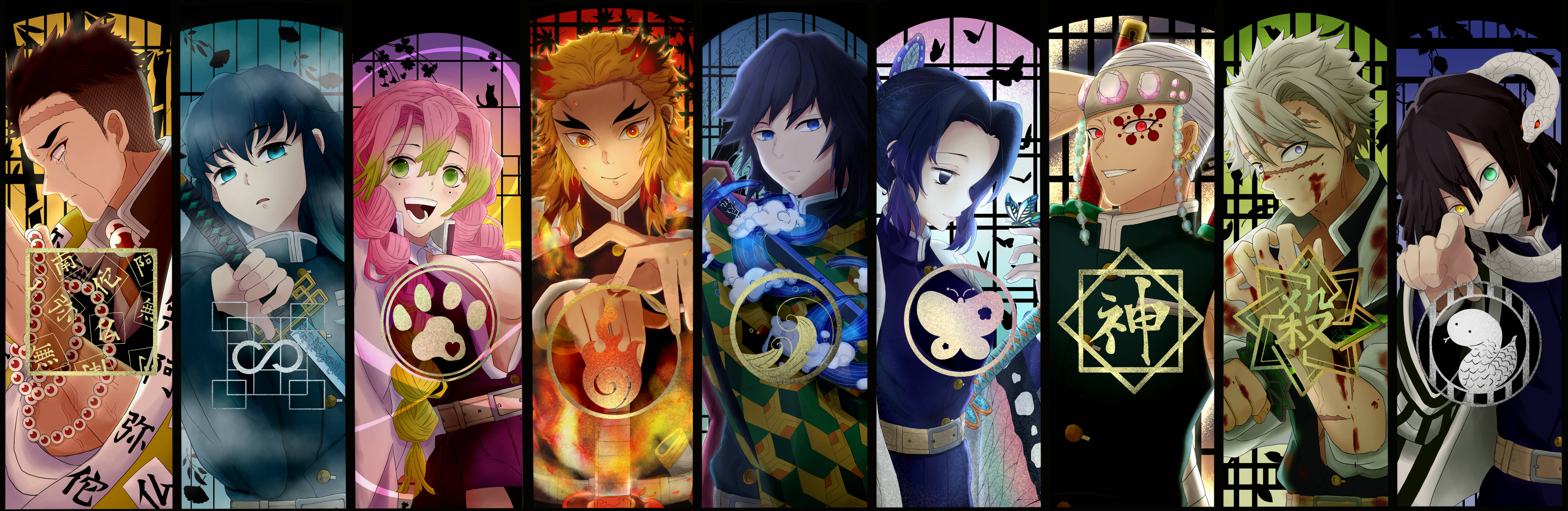 Kimetsu No Yaiba 桌布 壁紙 — 一張充滿活力的動漫壁紙，以八個獨特角色為特色，每個角色都有獨特的符號和富有表現力的姿勢，背景風格化。