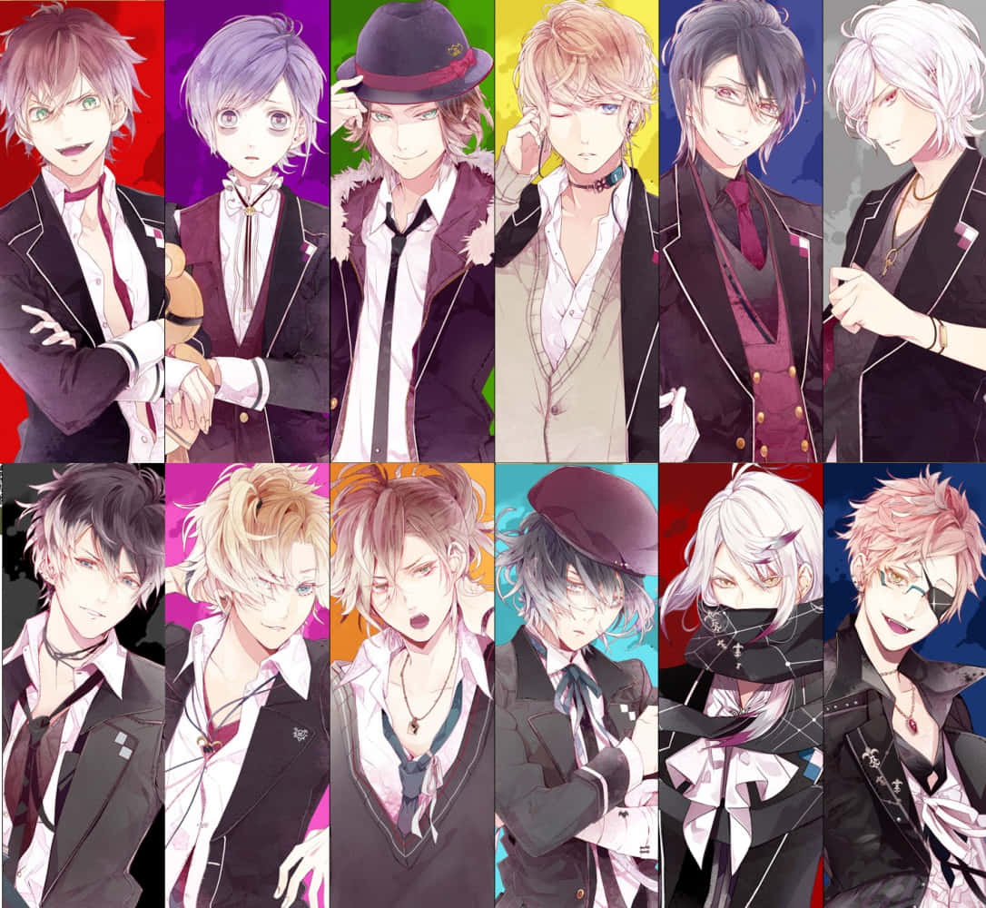 Diabolik Lovers 桌布 壁紙 — 一張充滿活力的動漫壁紙，以十位穿著正式服裝的時尚男性角色為特色，背景為色彩繽紛的純色。