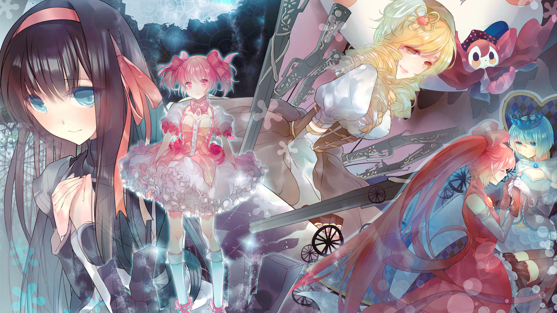 puella magi madoka magica 桌布 壁紙 — 一張充滿活力的動漫壁紙，描繪了五位穿著奇幻服飾、帶有魔法閃光和漂浮武器的女性角色。