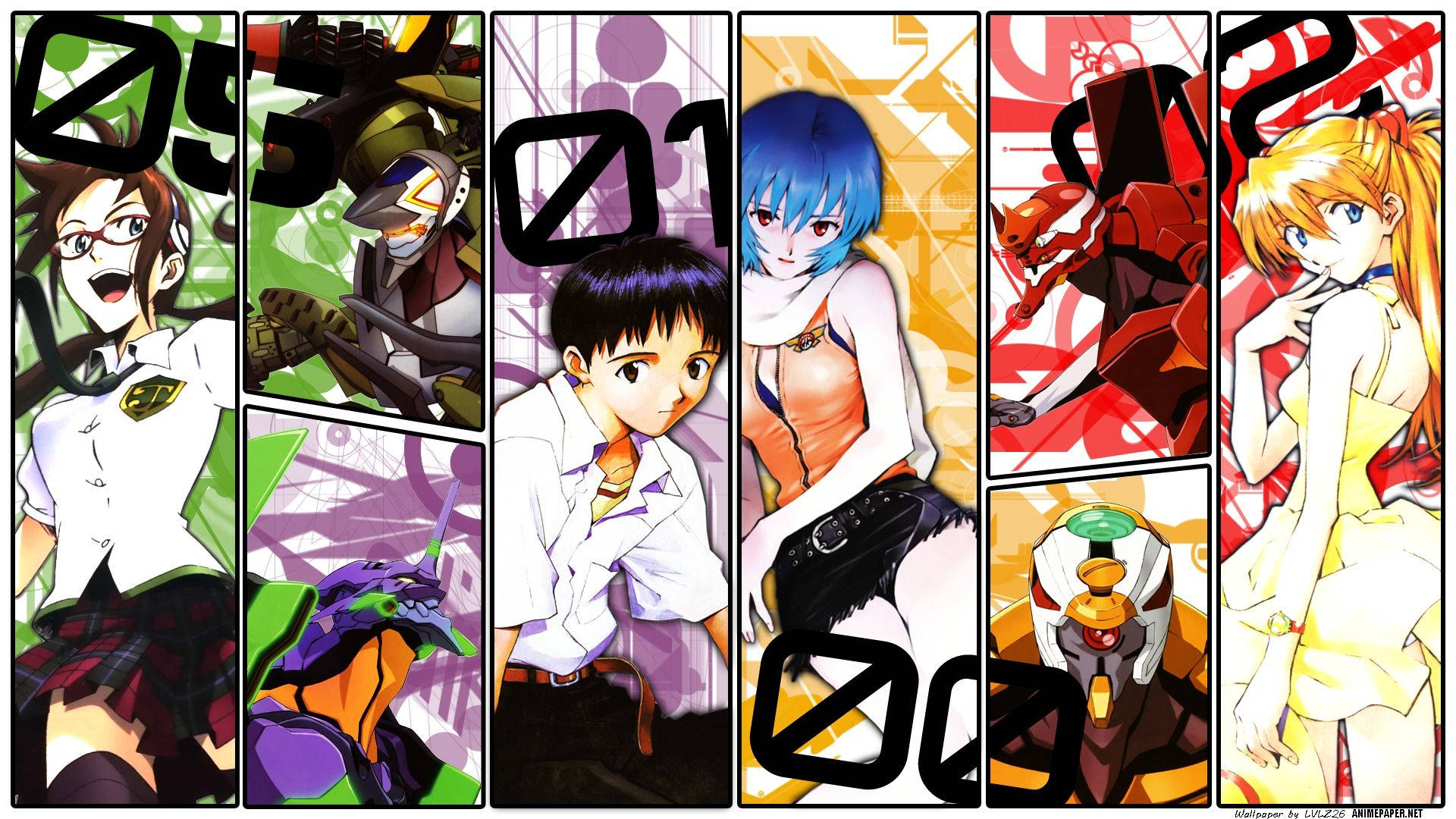 新世紀福音戰士 桌布 壁紙 — 一張充滿活力的動漫壁紙拼貼，以 Neon Genesis Evangelion 的角色和機甲為特色，色彩大膽，面板佈局動感。