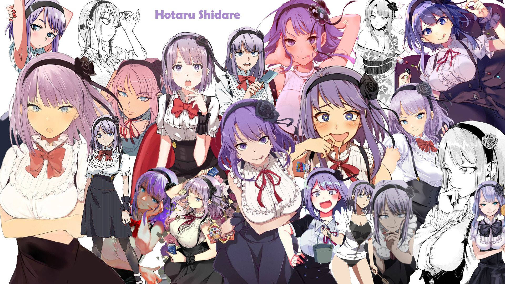 動漫女孩 桌布 壁紙 — 一張充滿活力的動漫拼貼畫， featuring 多個紫色頭髮和穿著校服的角色，充滿活力地擺姿勢。
