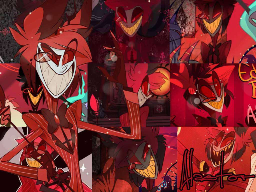 Hazbin Hotel 桌布 壁紙 — 一張充滿活力的動漫拼貼畫，描繪一個紅髮惡魔角色，擁有鋒利的牙齒和發光的眼睛，擺出各種威脅姿勢。