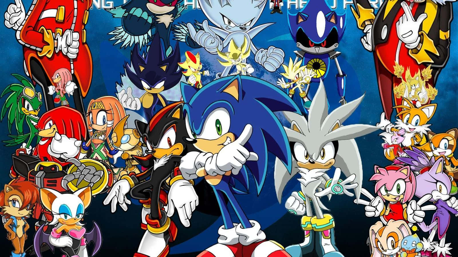 Sonic X 桌布 壁紙 — 一張充滿活力的動漫桌布， featuring Sonic the Hedgehog 和他色彩繽紛的朋友與敵人在深藍色背景上動態擺姿勢。
