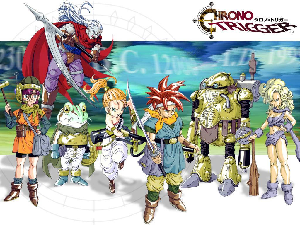 Chrono 桌布 壁紙 — 一張充滿活力的動漫桌布， featuring《時空之輪》的主要角色英雄般地站在時間主題的背景前。