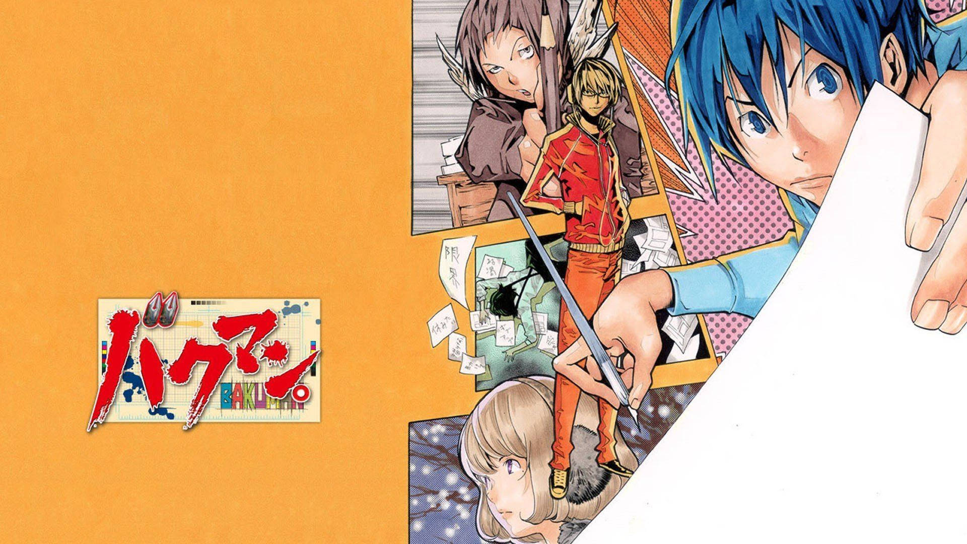 Bakuman 桌布 壁紙 — 一張充滿活力的動漫桌布， featuring 《刃牙》中的角色，搭配動態漫畫面板和大膽的橙色背景。