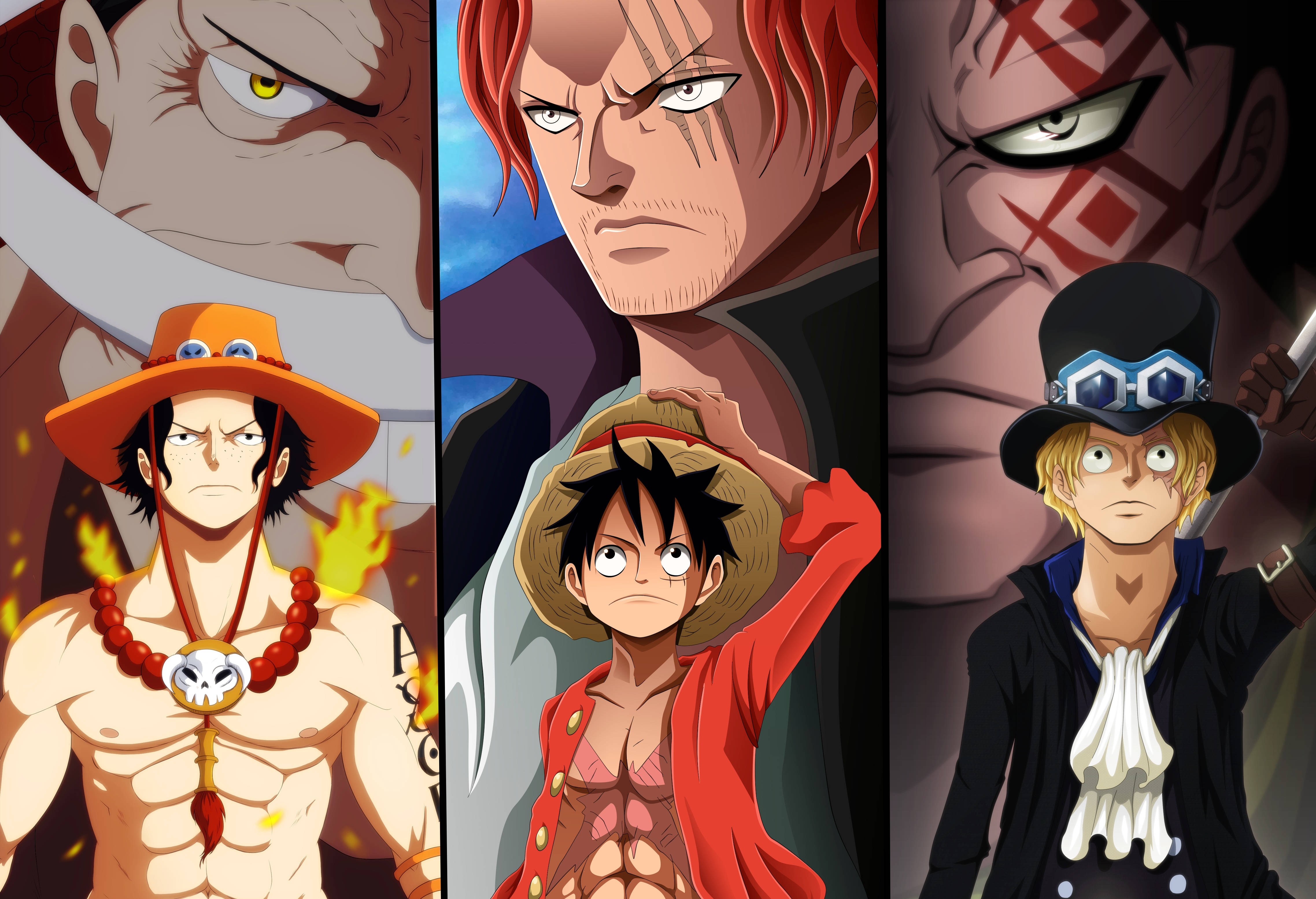 monkey d dragon 桌布 壁紙 — 一張充滿活力的動漫桌布， featuring 四個來自《One Piece》的堅定海盜角色，表情強烈，色彩大膽。