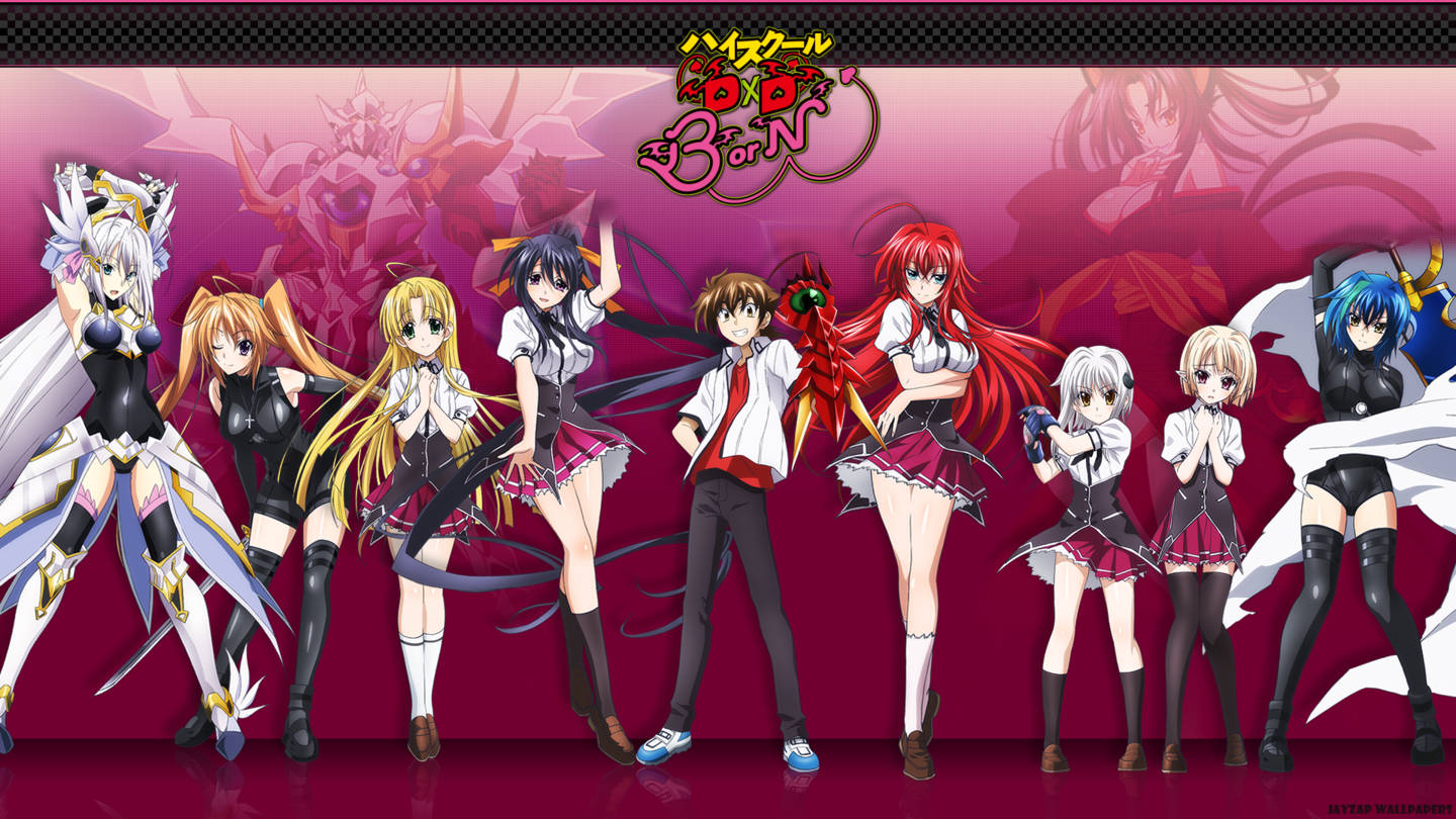 High School Dxd 桌布 壁紙 — 一張充滿活力的動漫桌布，一群風格化的角色在深粉紅色背景上擺出動態姿勢，並帶有標題標誌。