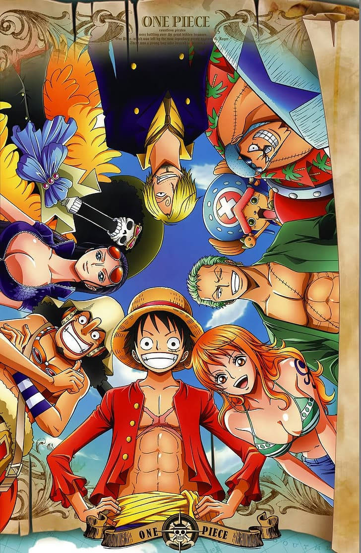 Luffy 桌布 壁紙 — 一張充滿活力的動漫海報， featuring 來自《One Piece》的草帽海賊團圍繞著一位表情喜悅的中心人物。