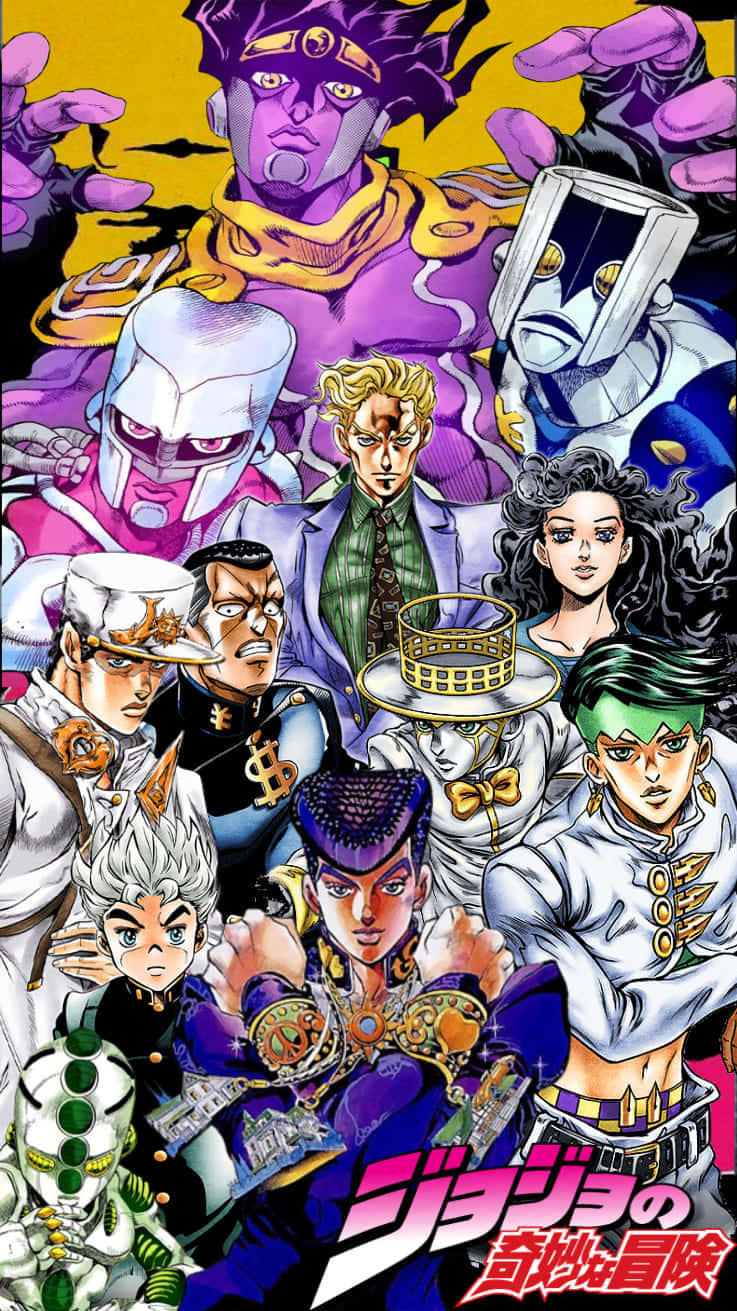 Jojo's Bizarre Adventure 桌布 壁紙 — 一張充滿活力的動漫海報， featuring 標誌性的 JoJo 角色以動態姿勢呈現，色彩大膽，表情戲劇化。