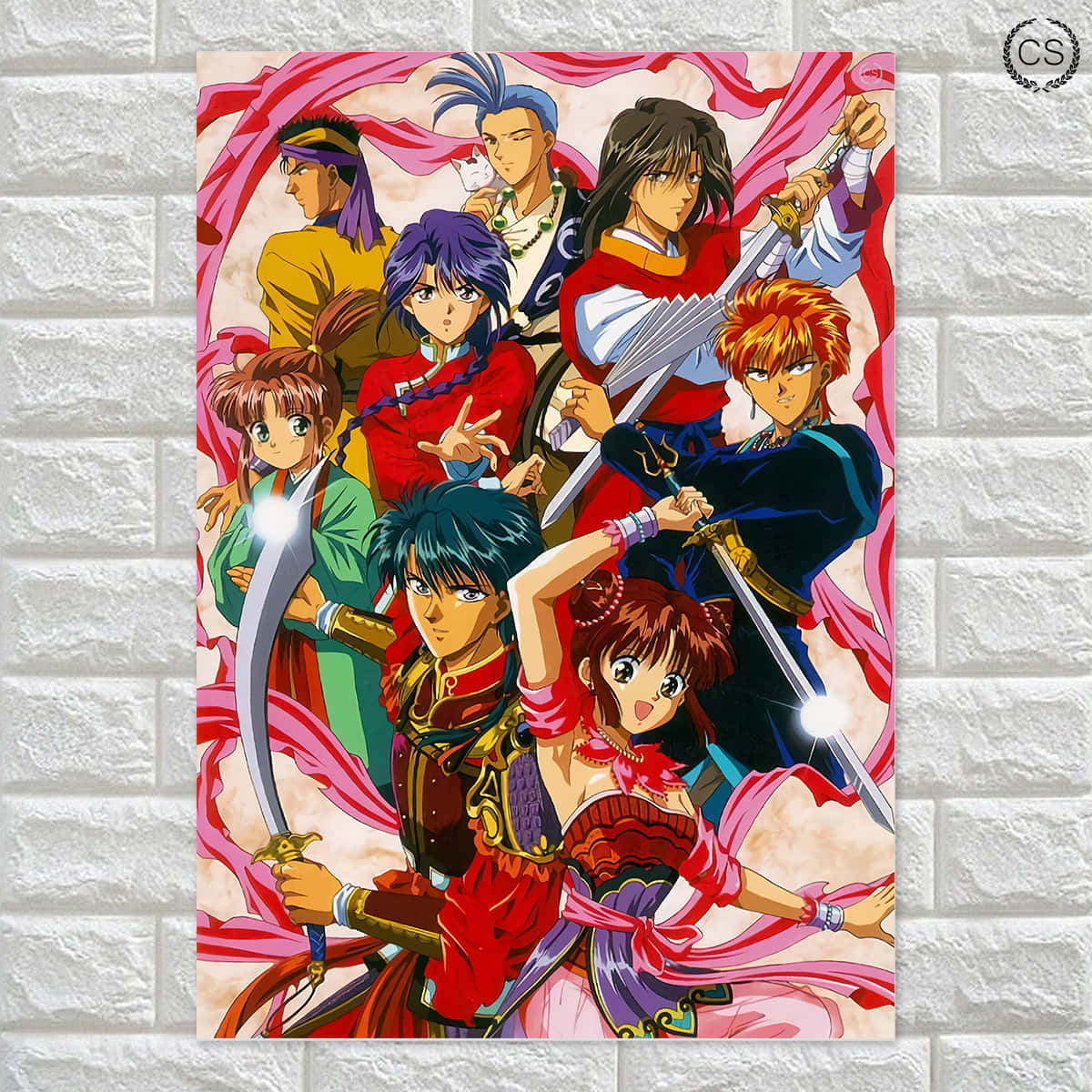 Fushigi Yuugi 桌布 壁紙 — 一張充滿活力的動漫海報，七個揮劍的角色以動態姿勢和飄逸的粉紅色絲帶，襯托著紋理白色磚牆。