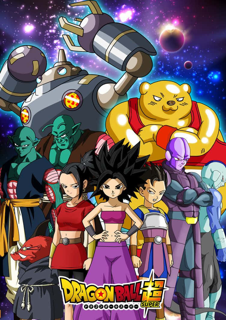 Dragon Ball Super Universe 6 桌布 壁紙 — 一張充滿活力的動漫海報，七龍珠超角色英勇地站在宇宙星空背景前。
