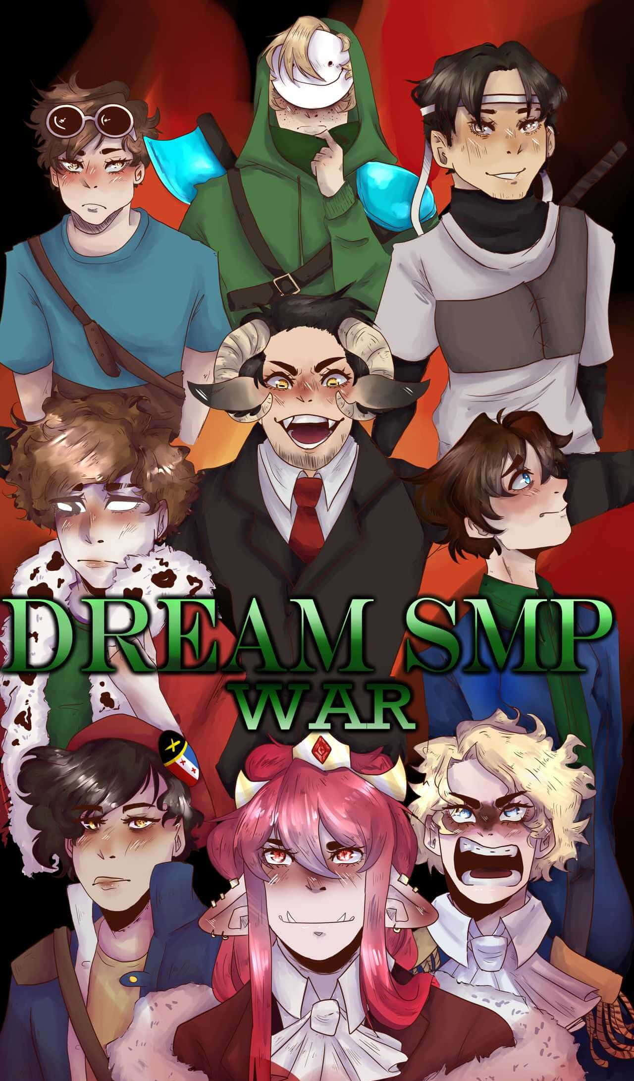 Dream Smp 桌布 壁紙 — 一張充滿活力的動漫海報，以火紅背景為襯托，展現九個表情和服裝各異的獨特角色。