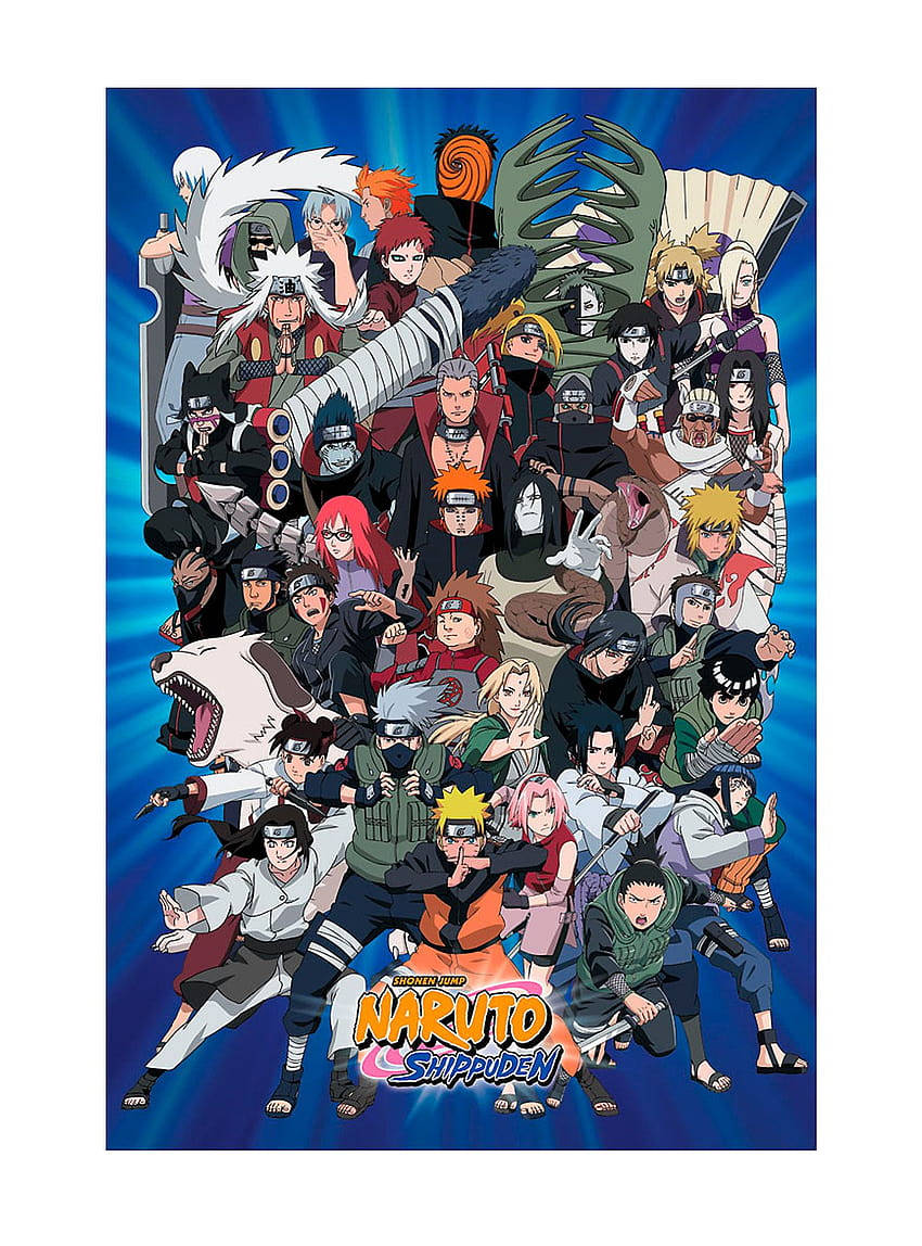 Naruto Shippuden Cool 桌布 壁紙 — 一張充滿活力的動漫海報，以耀眼的藍色背景為襯托，展現數十個火影忍者疾風傳角色擺出動感姿勢。