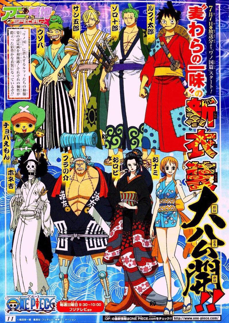 Wano 桌布 壁紙 — 一張充滿活力的動漫海報，描繪了《航海王》船員穿著傳統日本和服，背景是動態的藍色波浪。