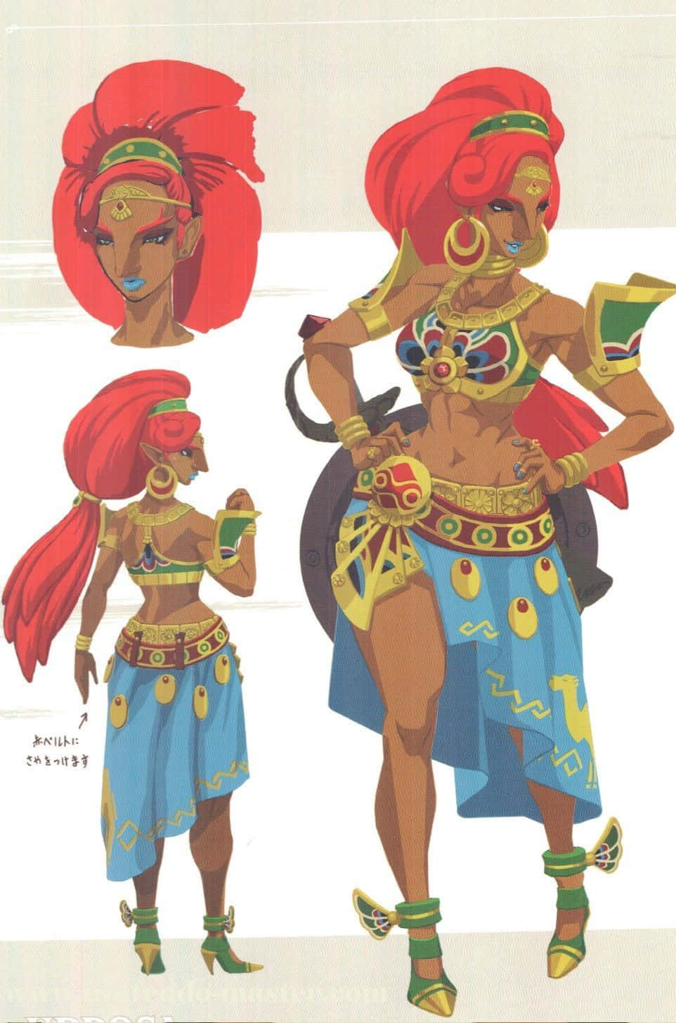 The Legend Of Zelda Urbosa 桌布 壁紙 — 一張充滿活力的動漫角色設計圖，展示一位擁有火紅頭髮和華麗金藍服飾的戰士女性，以多種姿勢呈現。