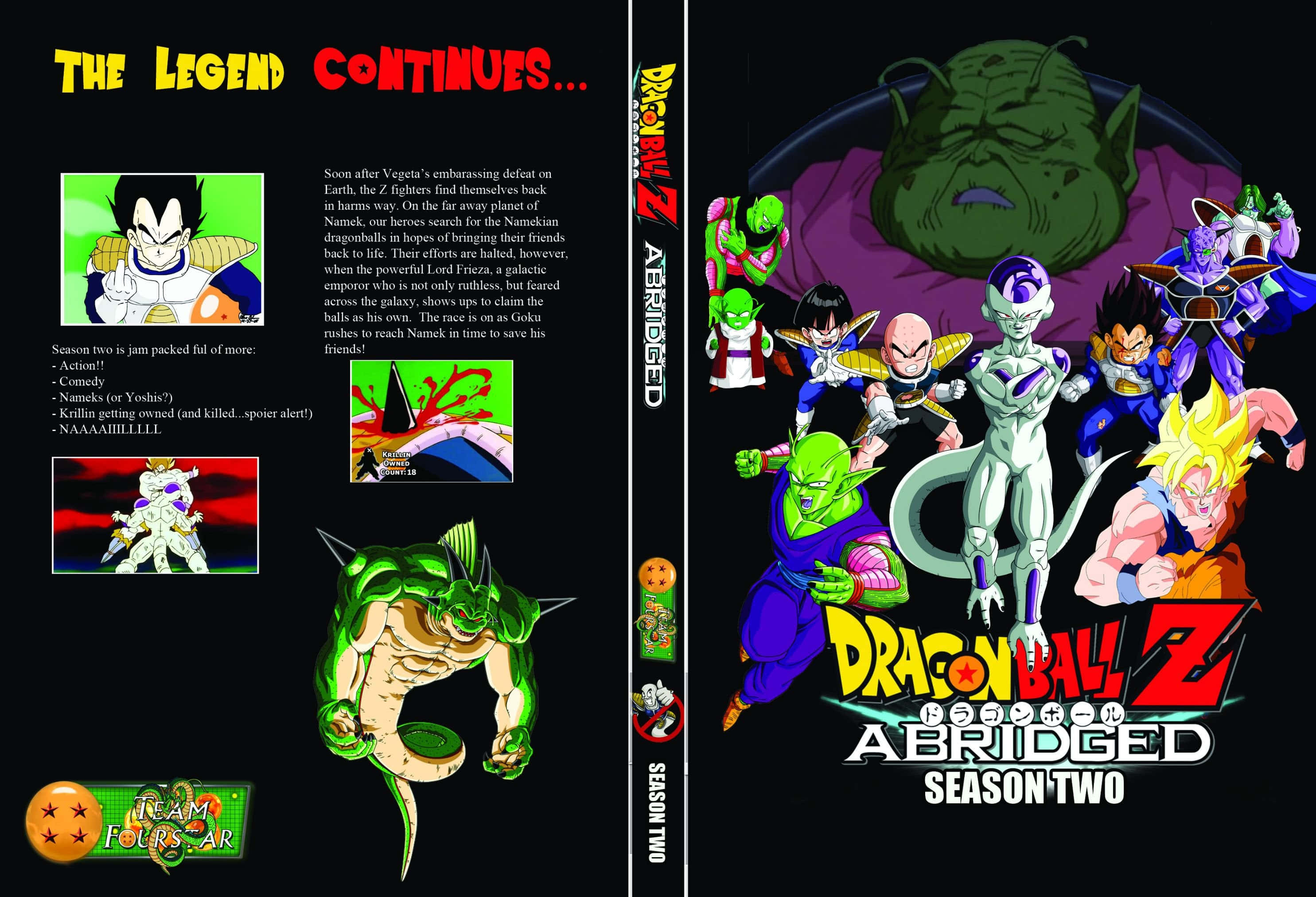 Dragon Ball Z Abridged 桌布 壁紙 — 一張充滿活力的動漫風格DVD封面，為《七龍珠Z 精簡版 第二季》設計， featuring 達爾、悟空和弗利沙等角色，背景是黑暗的宇宙。
