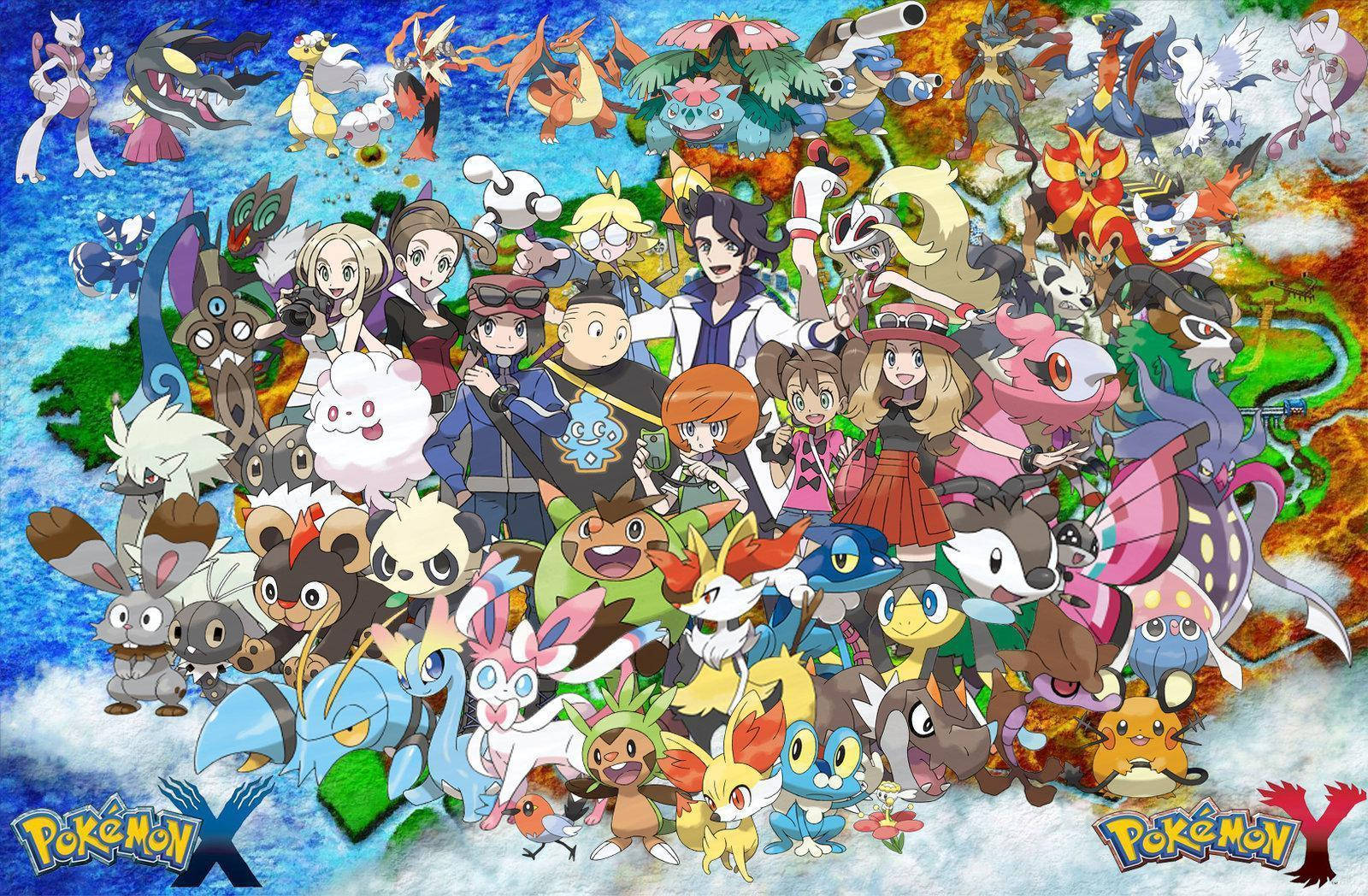 動漫 桌布 壁紙 — 一張充滿活力的動漫風格團體照，Pokémon X 和 Y 角色聚集在色彩繽紛的地圖背景上。