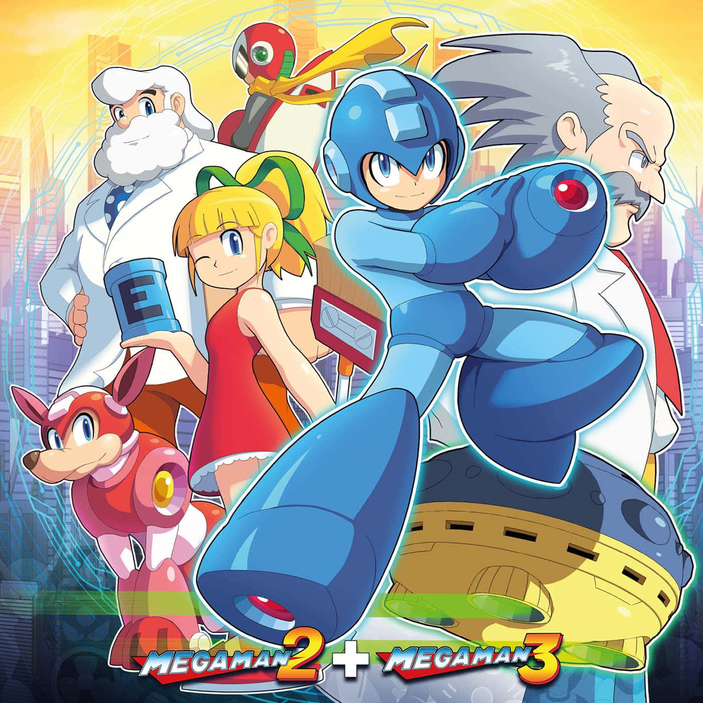 Megaman 桌布 壁紙 — 一張充滿活力的動漫風格團體照，展示了《洛克人2》和《洛克人3》中的洛克人及其盟友，英雄般地站在發光的城市背景下。