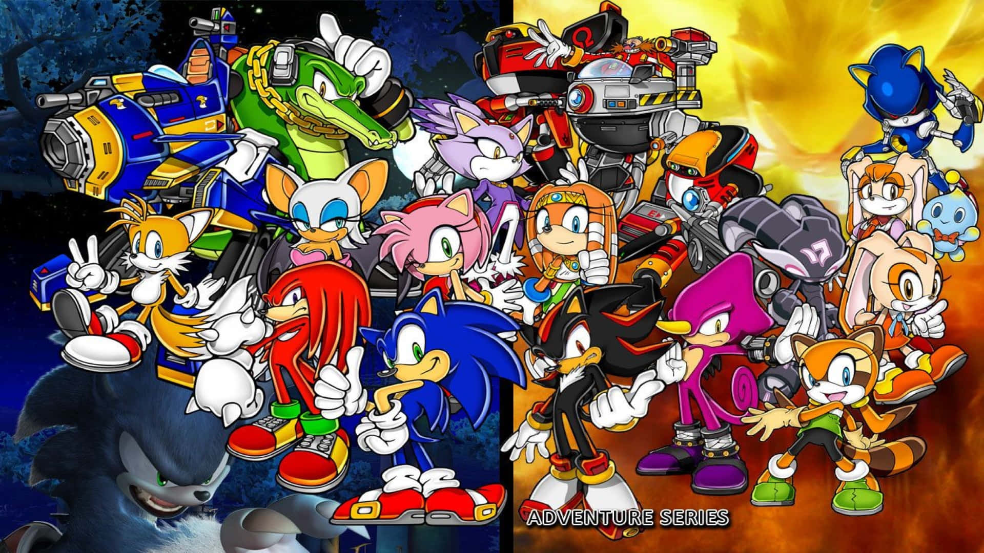 Sonic Adventure HD 桌布 壁紙 — 一張充滿活力的動漫風格團體照，音速小子索尼克和朋友們以動感姿勢，背景分為宇宙和火焰。