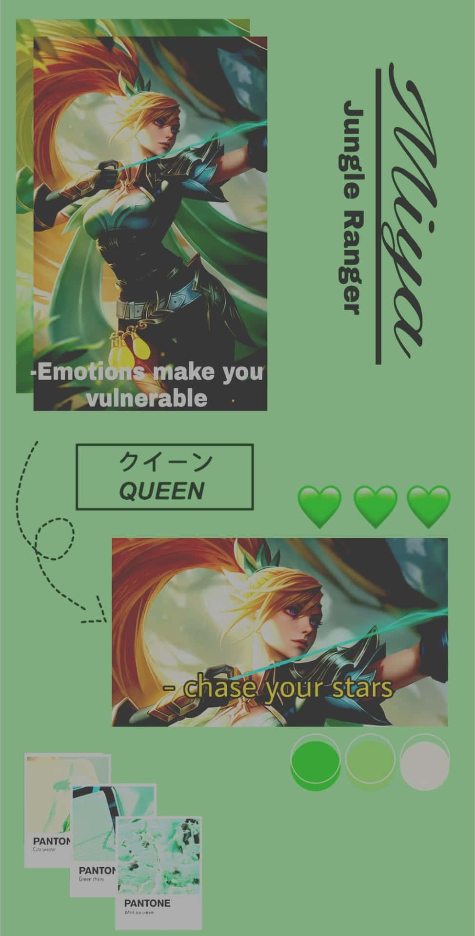 Mobile Legends 動態圖 桌布 壁紙 — 一張充滿活力的動漫風格壁紙，描繪一位金髮女戰士，飄逸的紅髮，揮舞著發光的綠色劍，背景是柔和的綠色。