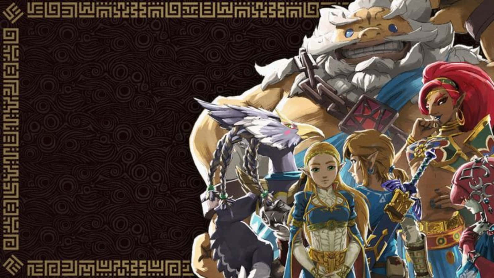 The Legend Of Zelda Characters 桌布 壁紙 — 一張充滿活力的動漫風格壁紙，描繪了一組英勇的奇幻角色，包括一位金髮戰士、一位紅髮法師和一位白鬍子守護者，背景為深色圖案。