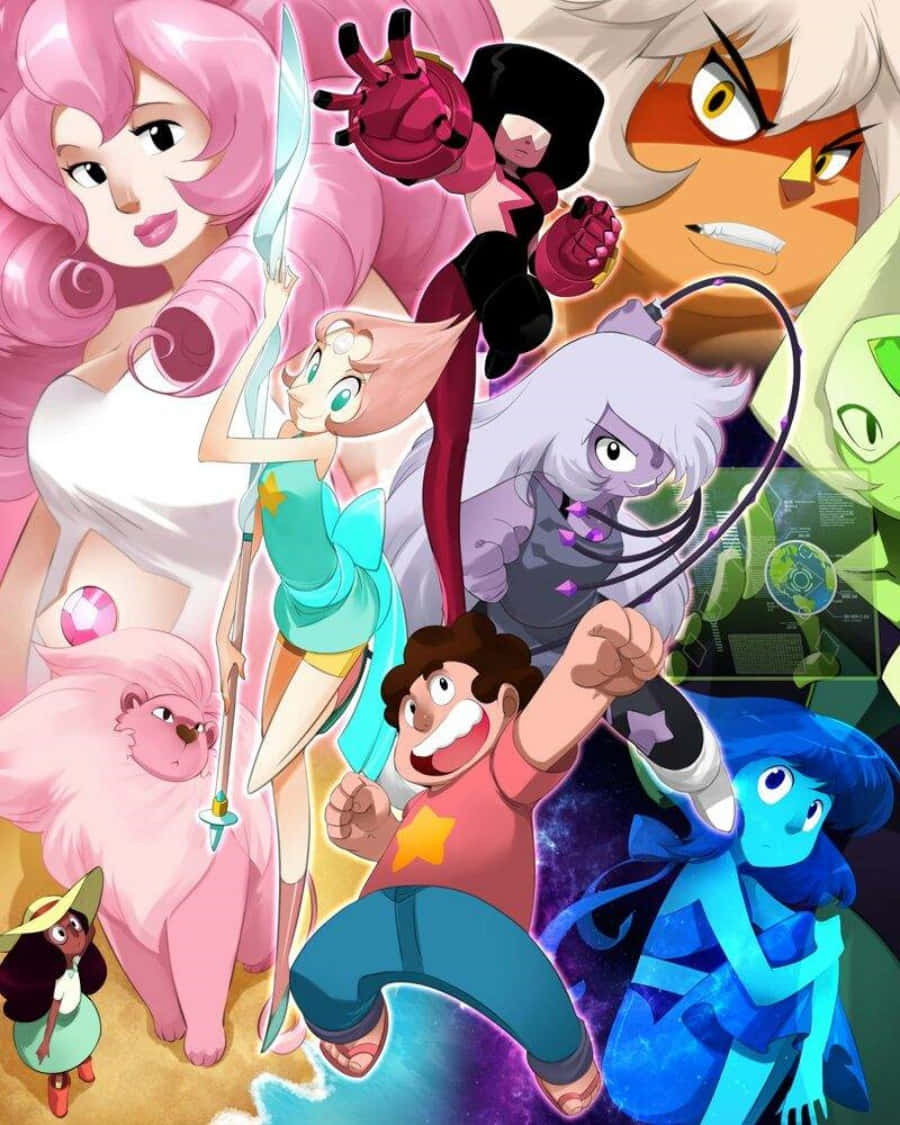 Steven Universe iPad 桌布 壁紙 — 一張充滿活力的動漫風格拼貼畫，描繪了《史蒂芬宇宙》和《探險活寶》中各種角色以動態姿勢呈現。