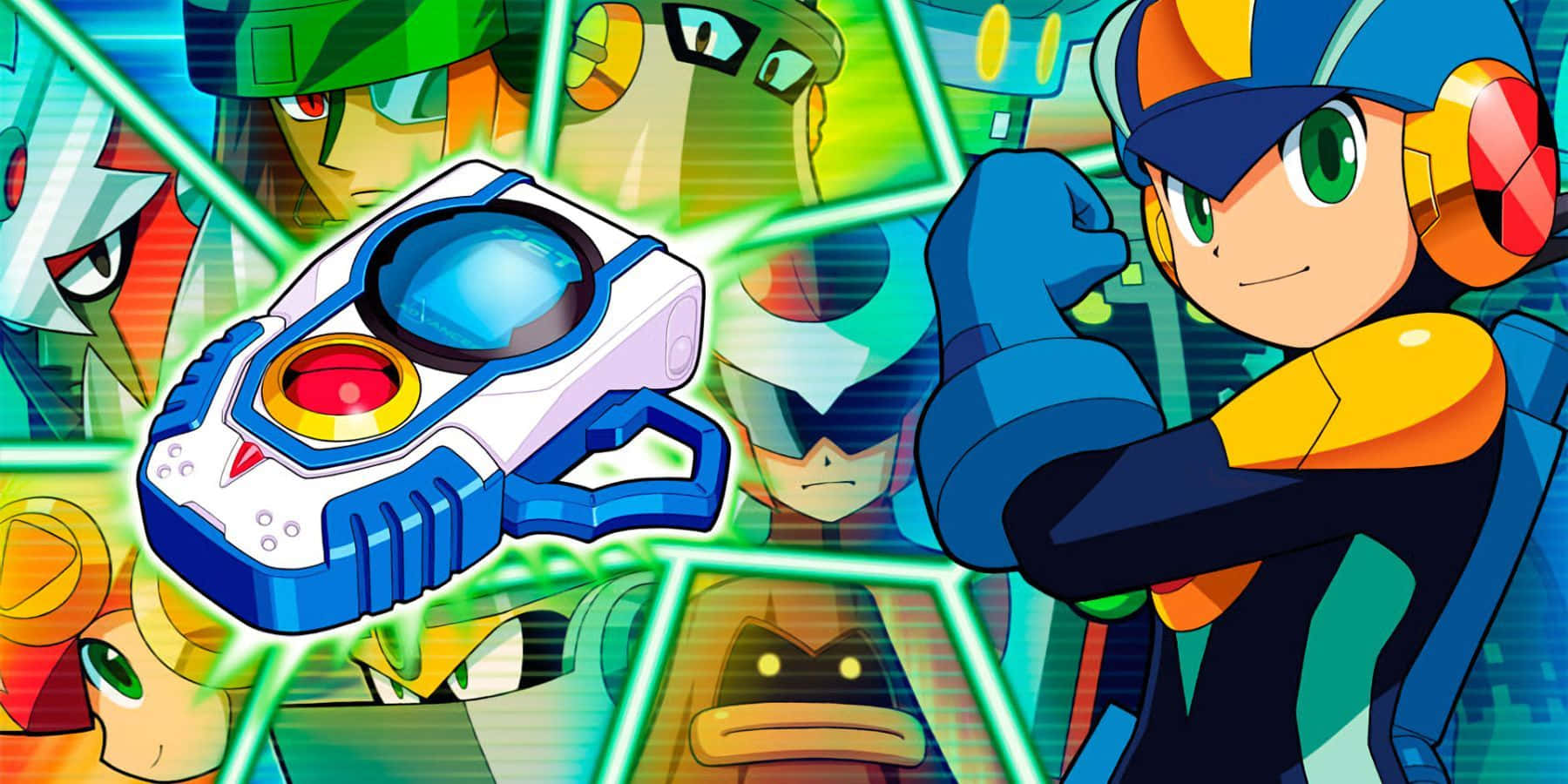 Megaman 桌布 壁紙 — 一張充滿活力的動漫風格桌布， featuring Mega Man 和他標誌性的手臂加農炮，周圍環繞著發光的綠色能量和其他機械角色。