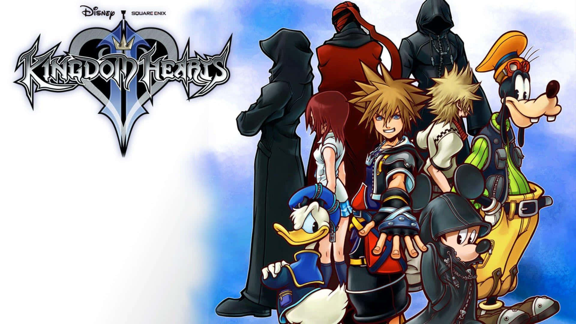 Kingdom Hearts Sora 桌布 壁紙 — 一張充滿活力的動漫風格桌布， featuring 王國之心角色如索拉、唐老鴨、高飛和米奇老鼠，一起站在藍天背景下。