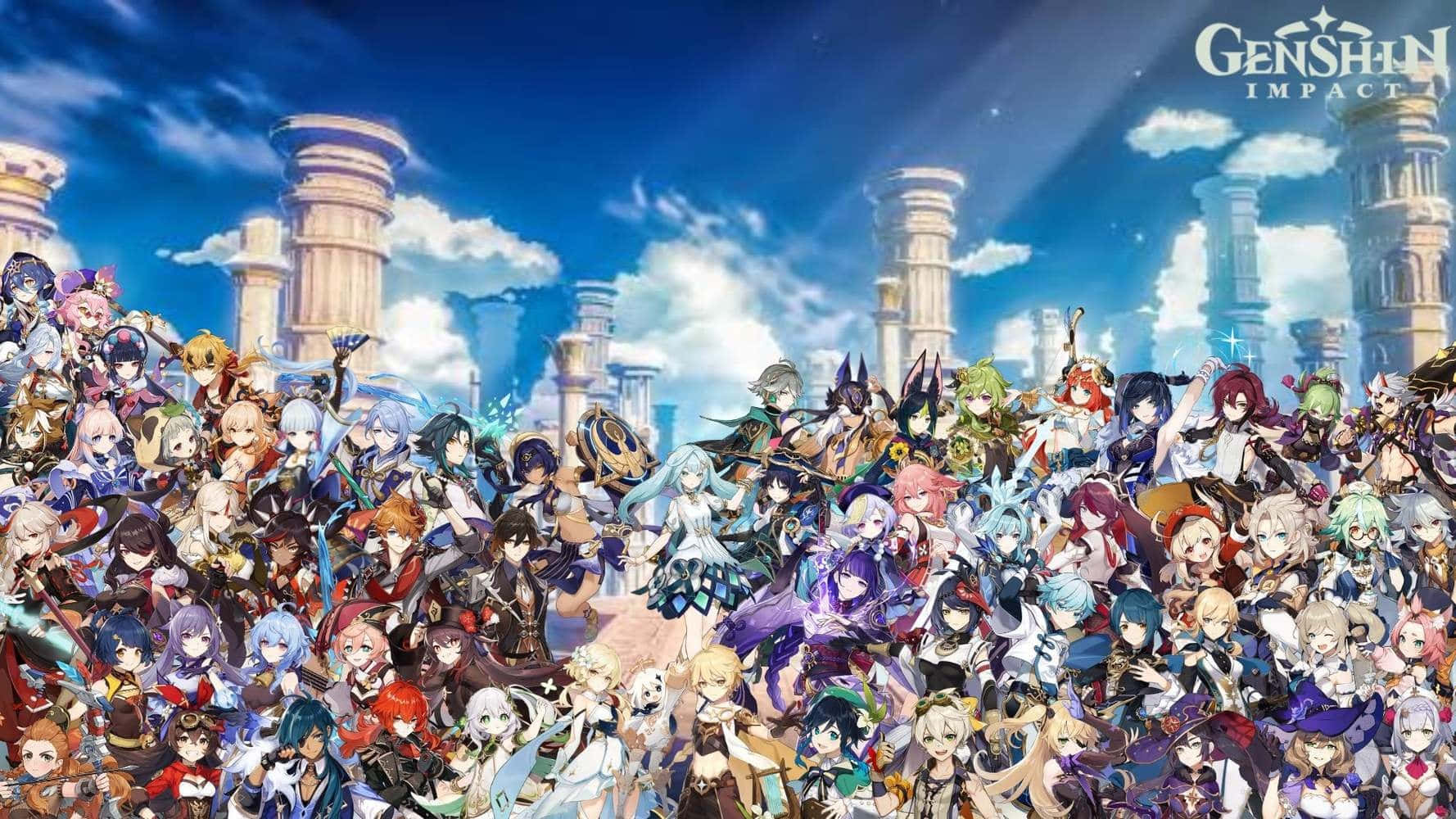Genshin Impact Characters 桌布 壁紙 — 一張充滿活力的動漫風格桌布，描繪數十位原神角色在明亮的藍天下聚集在古老的石柱前。