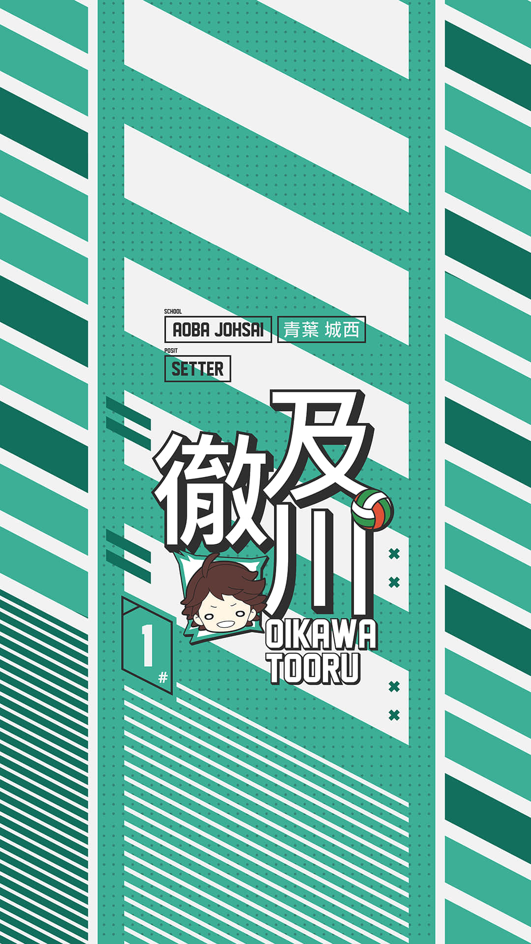 Aoba Johsai 桌布 壁紙 — 一張充滿活力的動漫風格海報， featuring 一個開朗的排球舉球員角色，帶有醒目的綠色和白色對角條紋及日文字句。