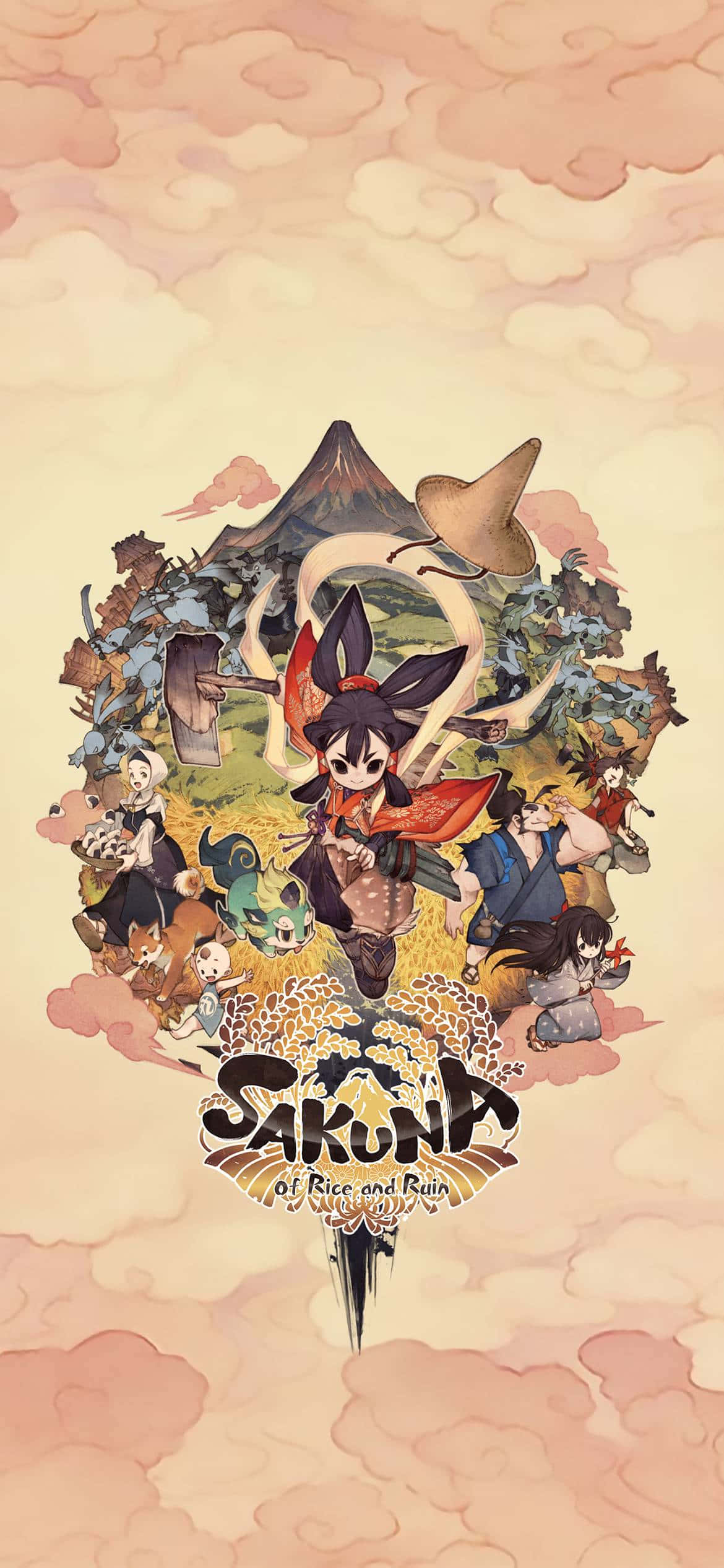桌布 壁紙 — 一張充滿活力的動漫風格海報，展示《Sakuna of Rice and Ruin》中的中心女孩，周圍環繞著角色和一座山，背景是柔和的粉紅雲朵。